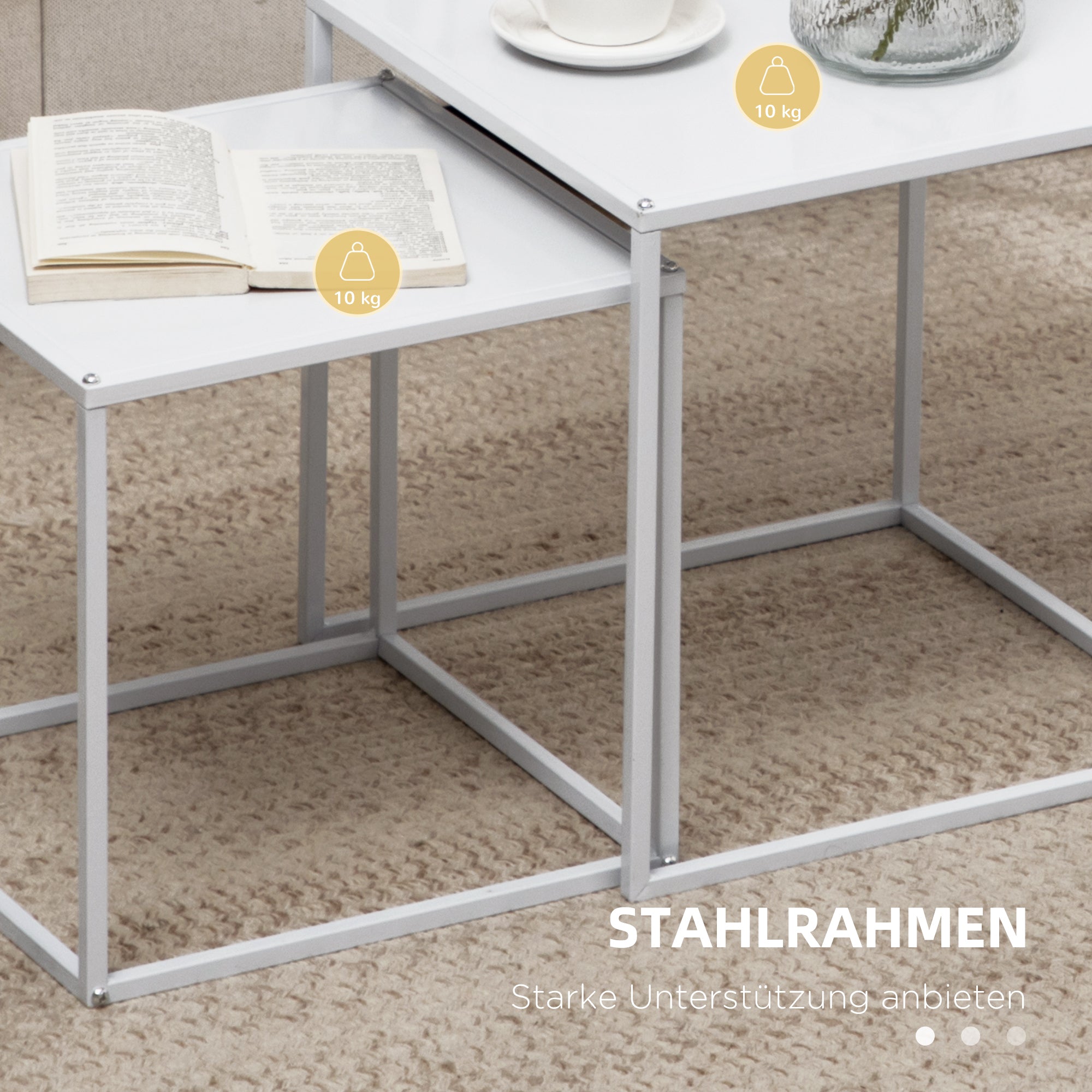 Square Coffee Table 2-Piece Set, Side Table in Modern Design, Steel Frame, Stackable, Coffee Table End Table for Living Room Bedroom, White
