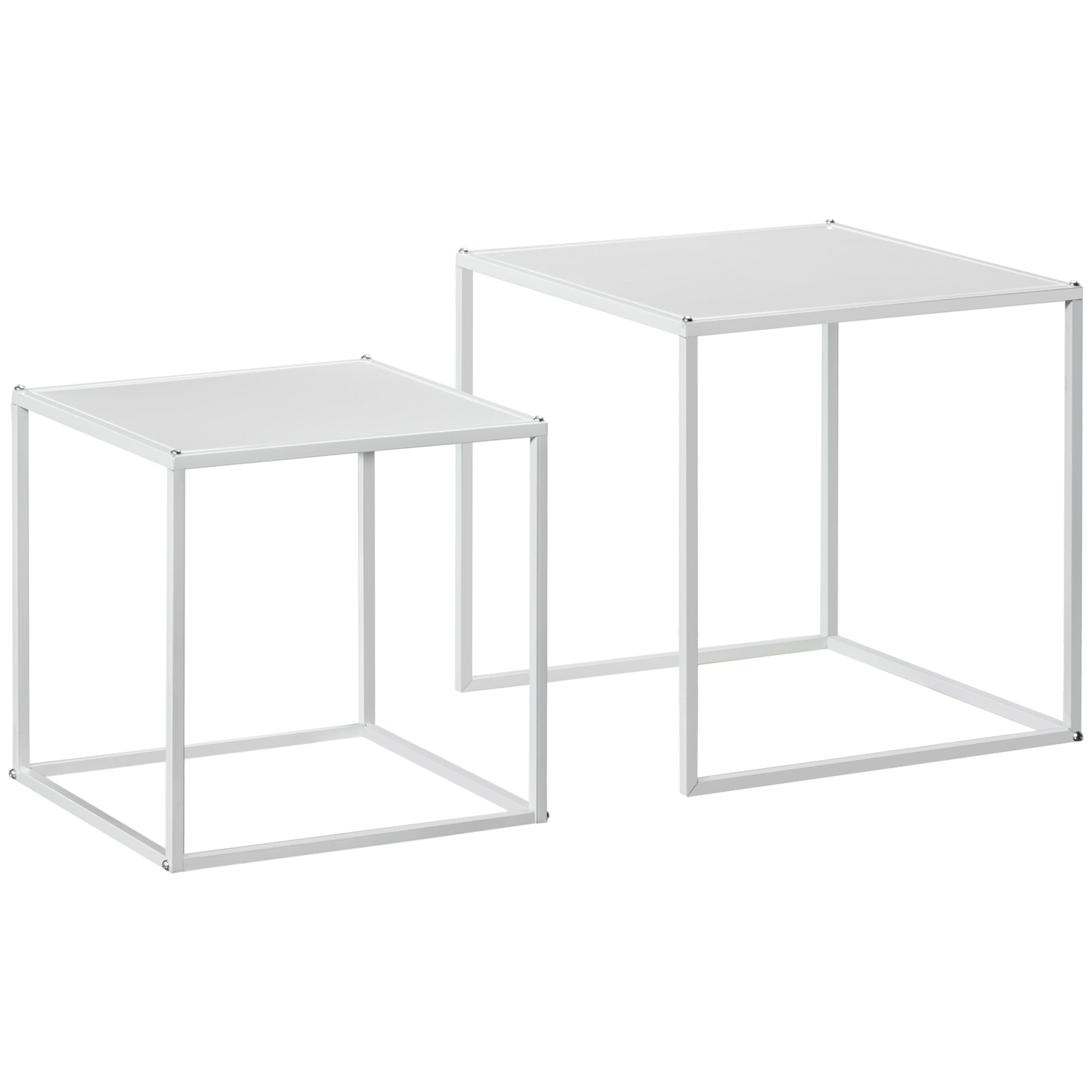 Square Coffee Table 2-Piece Set, Side Table in Modern Design, Steel Frame, Stackable, Coffee Table End Table for Living Room Bedroom, White