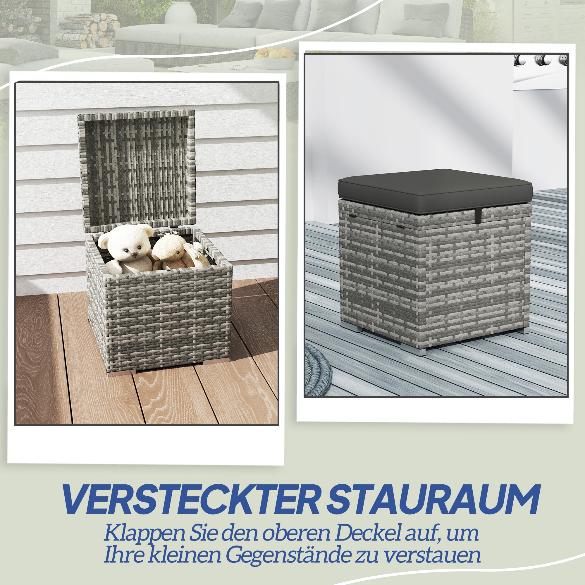 Set of 2 Rattan Ottomans with Rattan-Style Storage Ottoman Cushion Lid 120 kg Load Capacity Weatherproof Outdoor Garden Ottoman Footstool Garden Furniture for Outdoor Garden Terrace 40x40x41cm Dark Gray