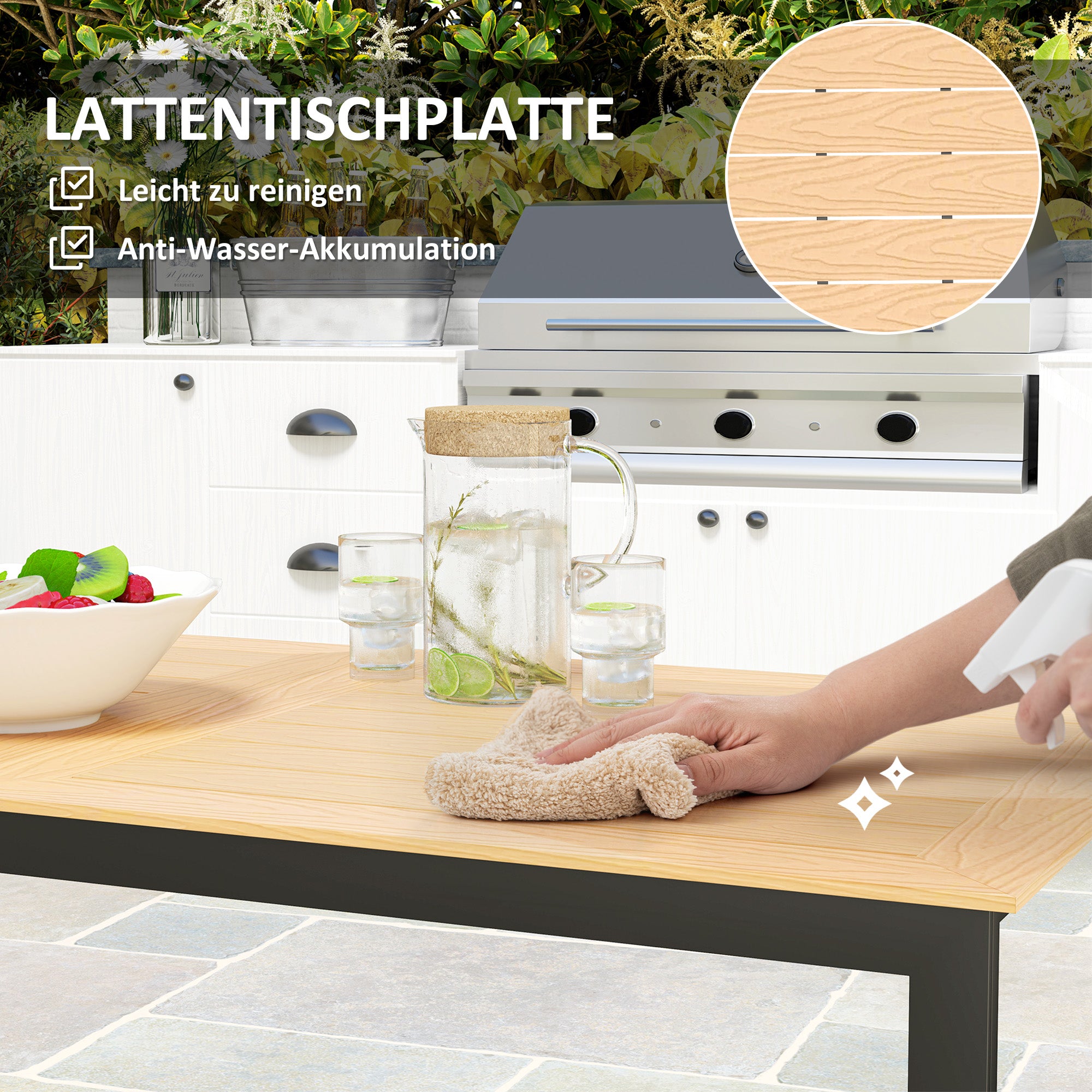 Garden Table for 6 People 160 x 80 cm Weatherproof Patio Table with Wood Look Slatted Design, Buffet Table Metal Camping Table Patio Table Outdoor Dining Table for Garden, Terrace Balcony Teak