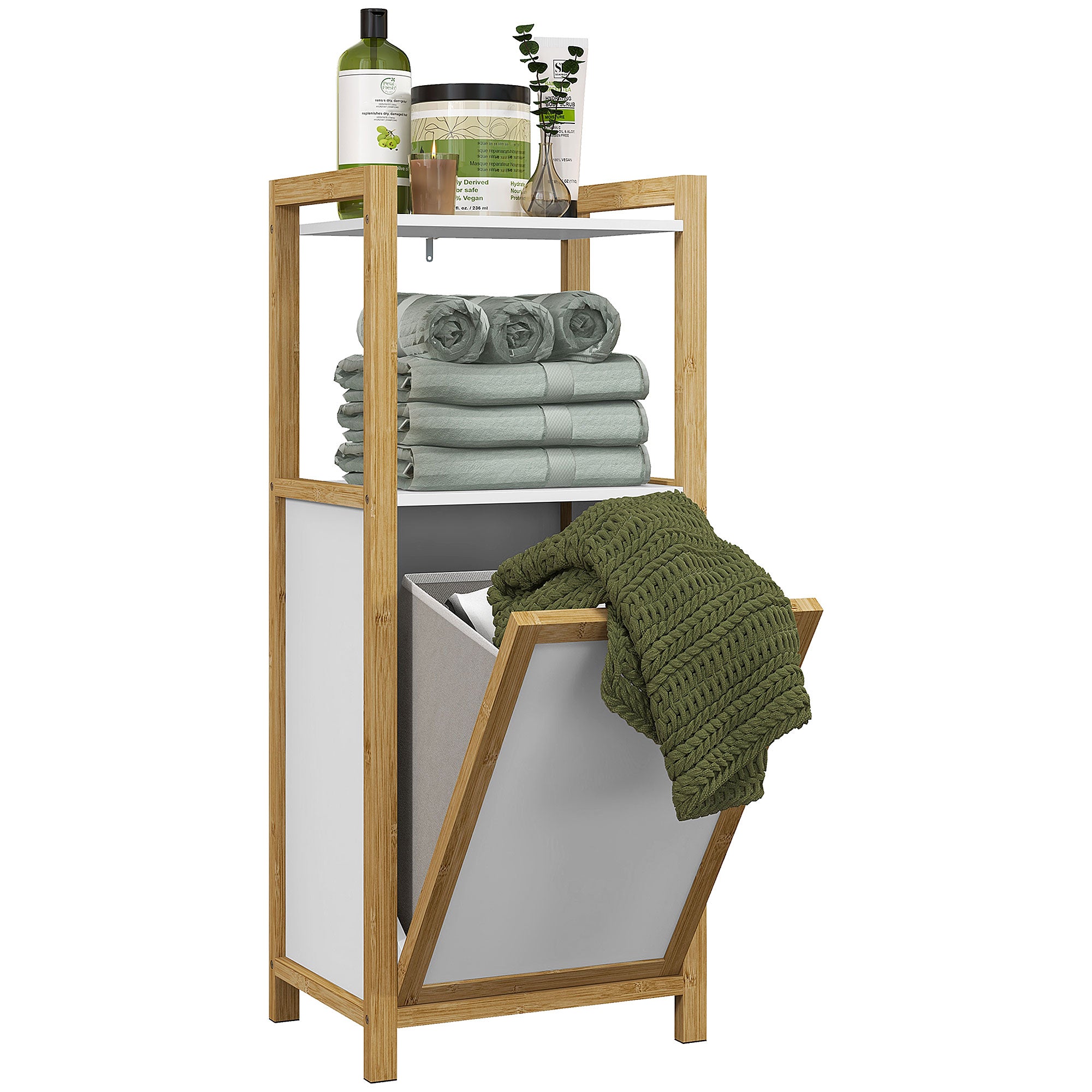 Bamboo Freestanding Laundry Hamper Cabinet Bathroom Storage Unit - 2 Shelves - 40L x 30W x 86.5H cm