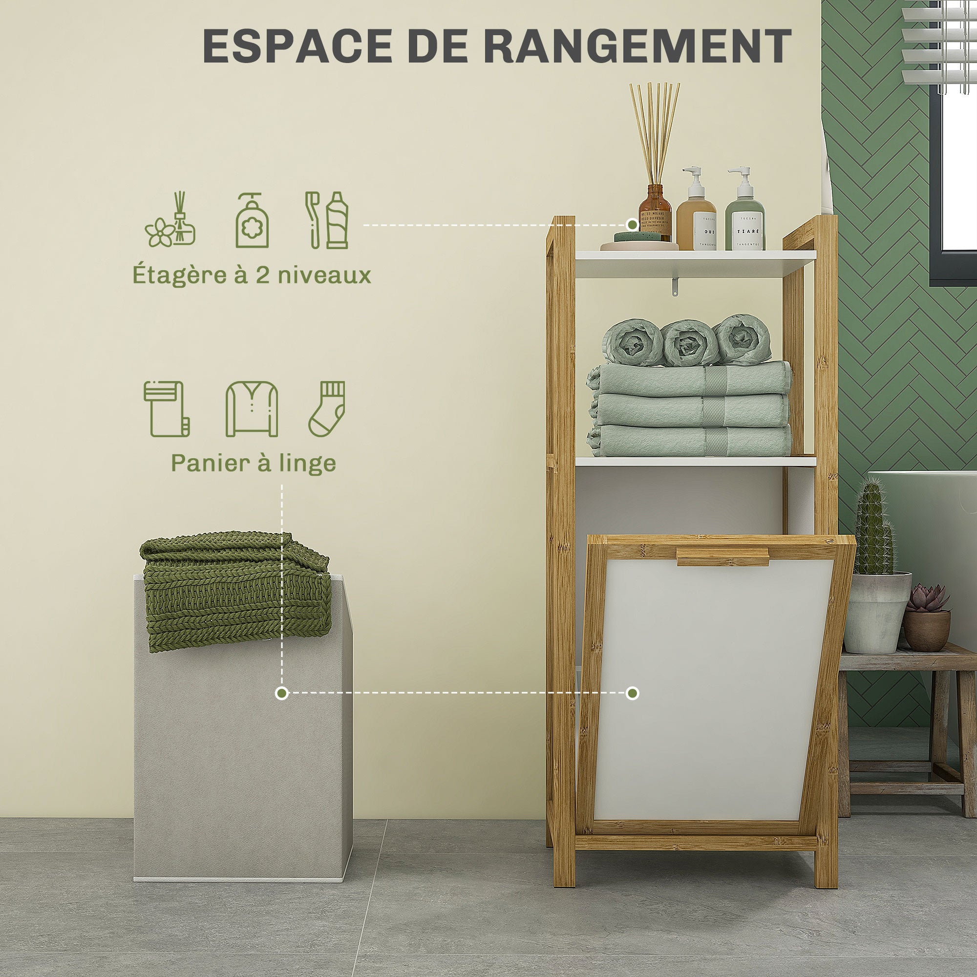 Bamboo Freestanding Laundry Hamper Cabinet Bathroom Storage Unit - 2 Shelves - 40L x 30W x 86.5H cm