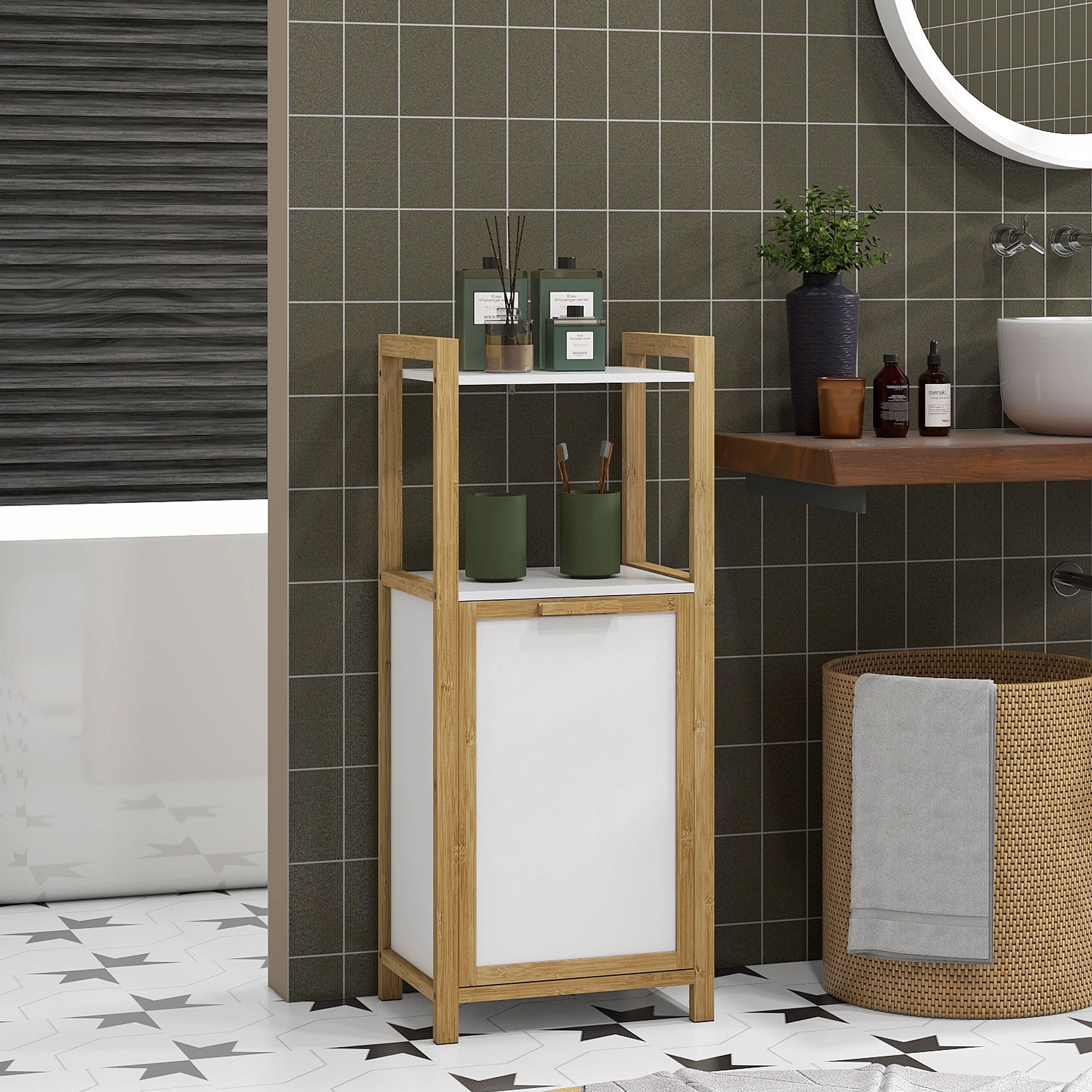 Bamboo Freestanding Laundry Hamper Cabinet Bathroom Storage Unit - 2 Shelves - 40L x 30W x 86.5H cm