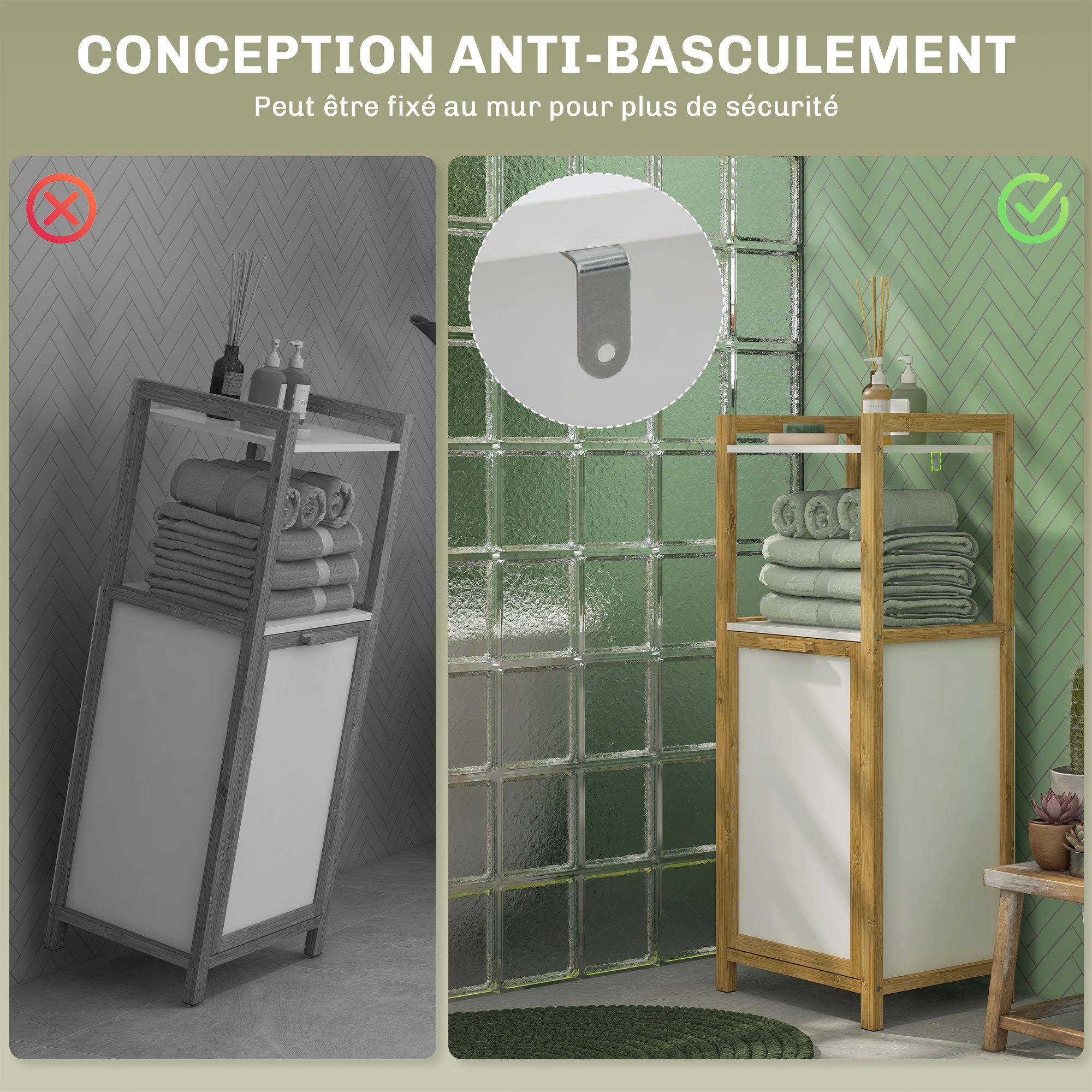 Bamboo Freestanding Laundry Hamper Cabinet Bathroom Storage Unit - 2 Shelves - 40L x 30W x 86.5H cm