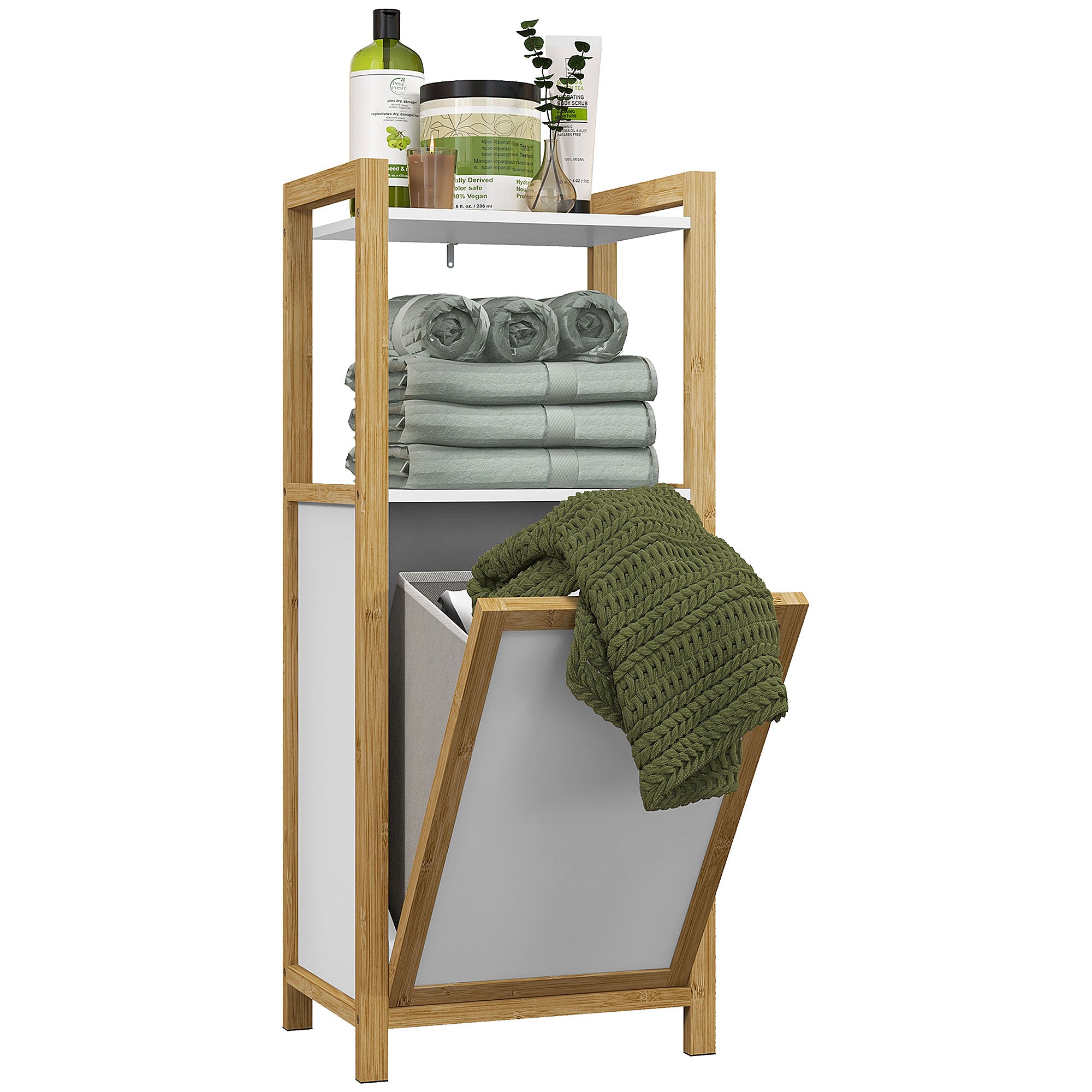 Bamboo Freestanding Laundry Hamper Cabinet Bathroom Storage Unit - 2 Shelves - 40L x 30W x 86.5H cm