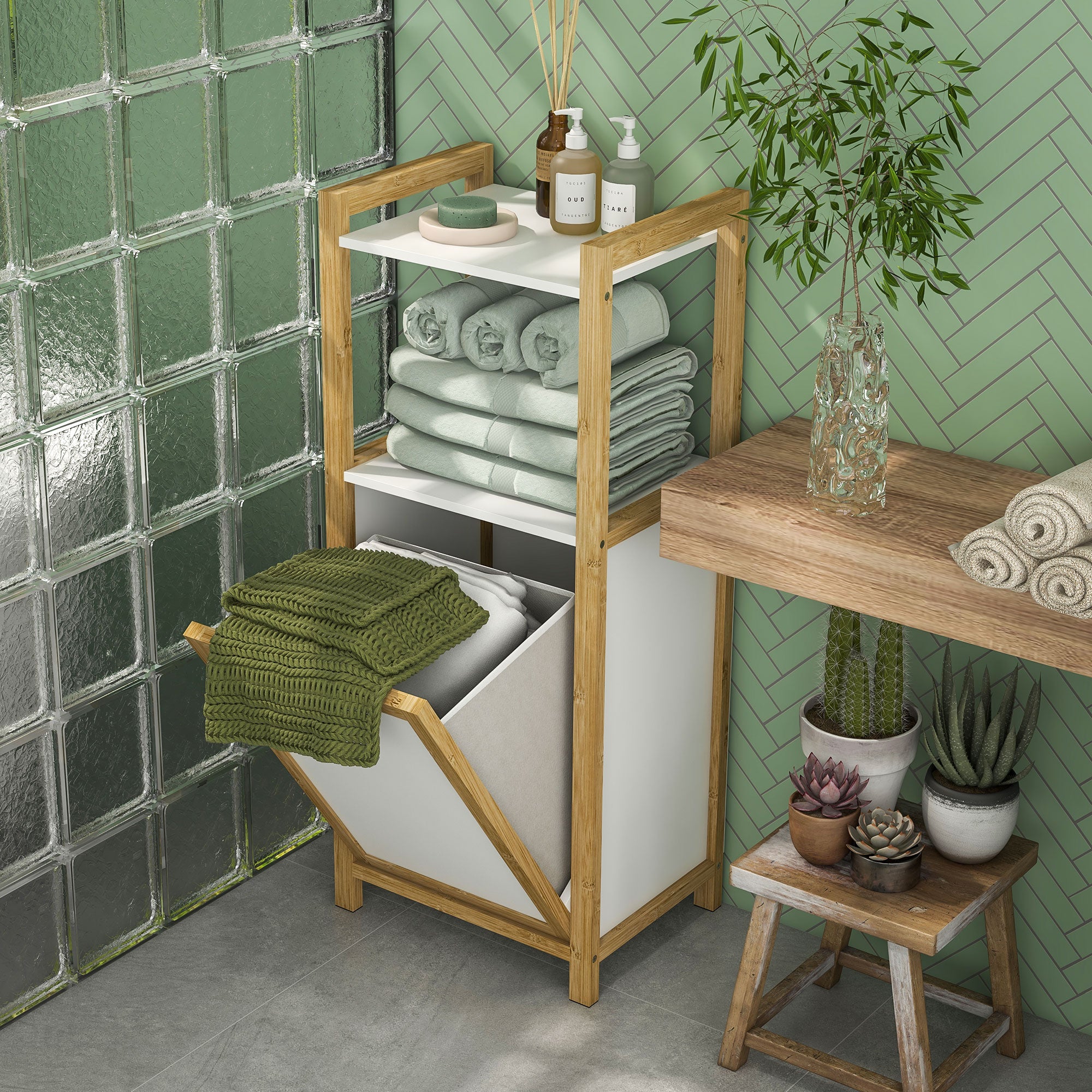 Bamboo Freestanding Laundry Hamper Cabinet Bathroom Storage Unit - 2 Shelves - 40L x 30W x 86.5H cm