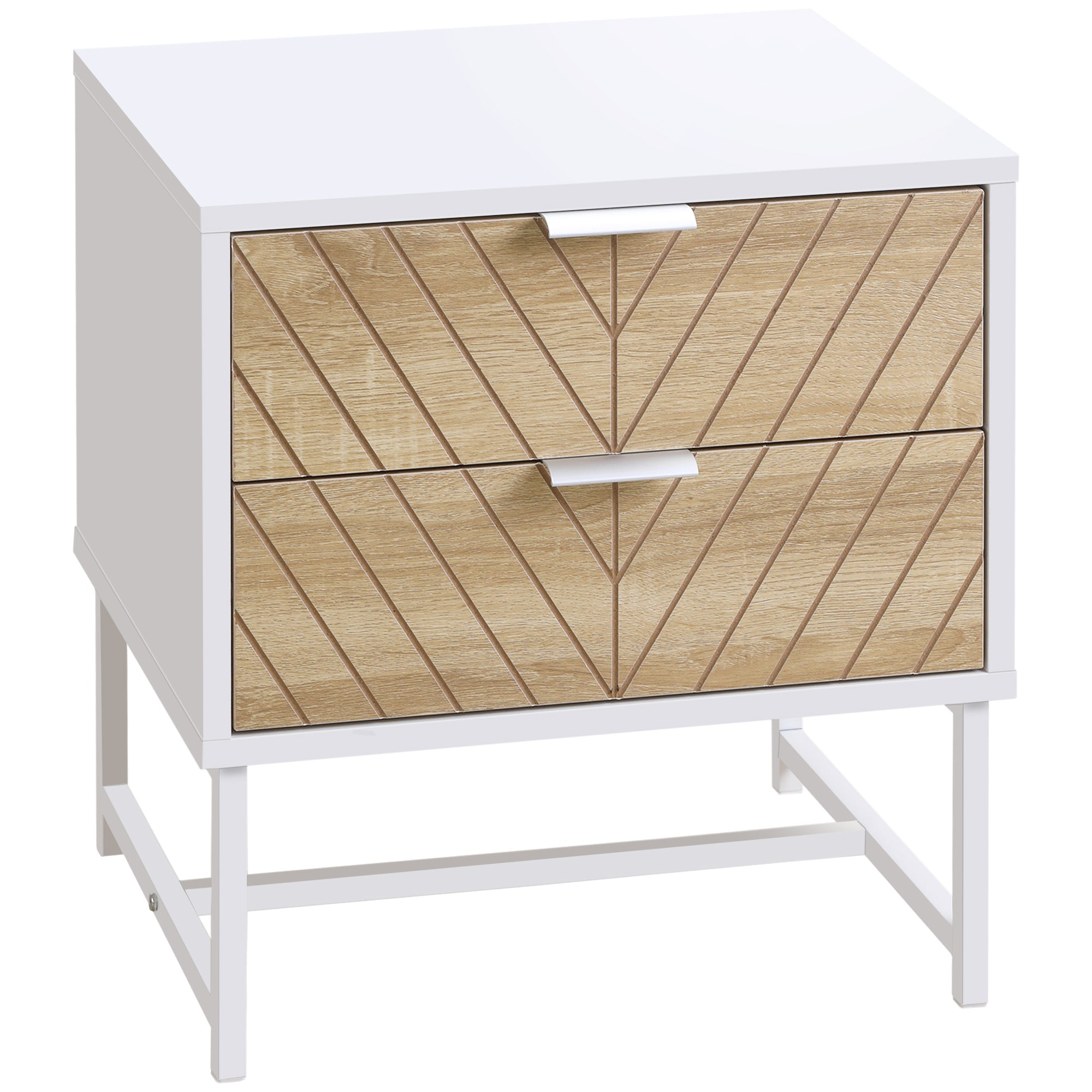 Nightstand Bedside Table with 2 Drawers and Steel Legs Modern Style Side Table for Living Room Bedroom 45x39x48 cm White and Oak