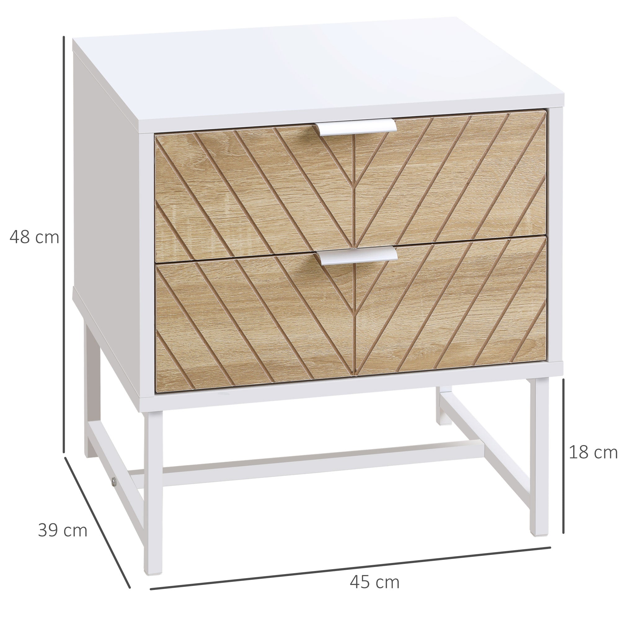 Nightstand Bedside Table with 2 Drawers and Steel Legs Modern Style Side Table for Living Room Bedroom 45x39x48 cm White and Oak