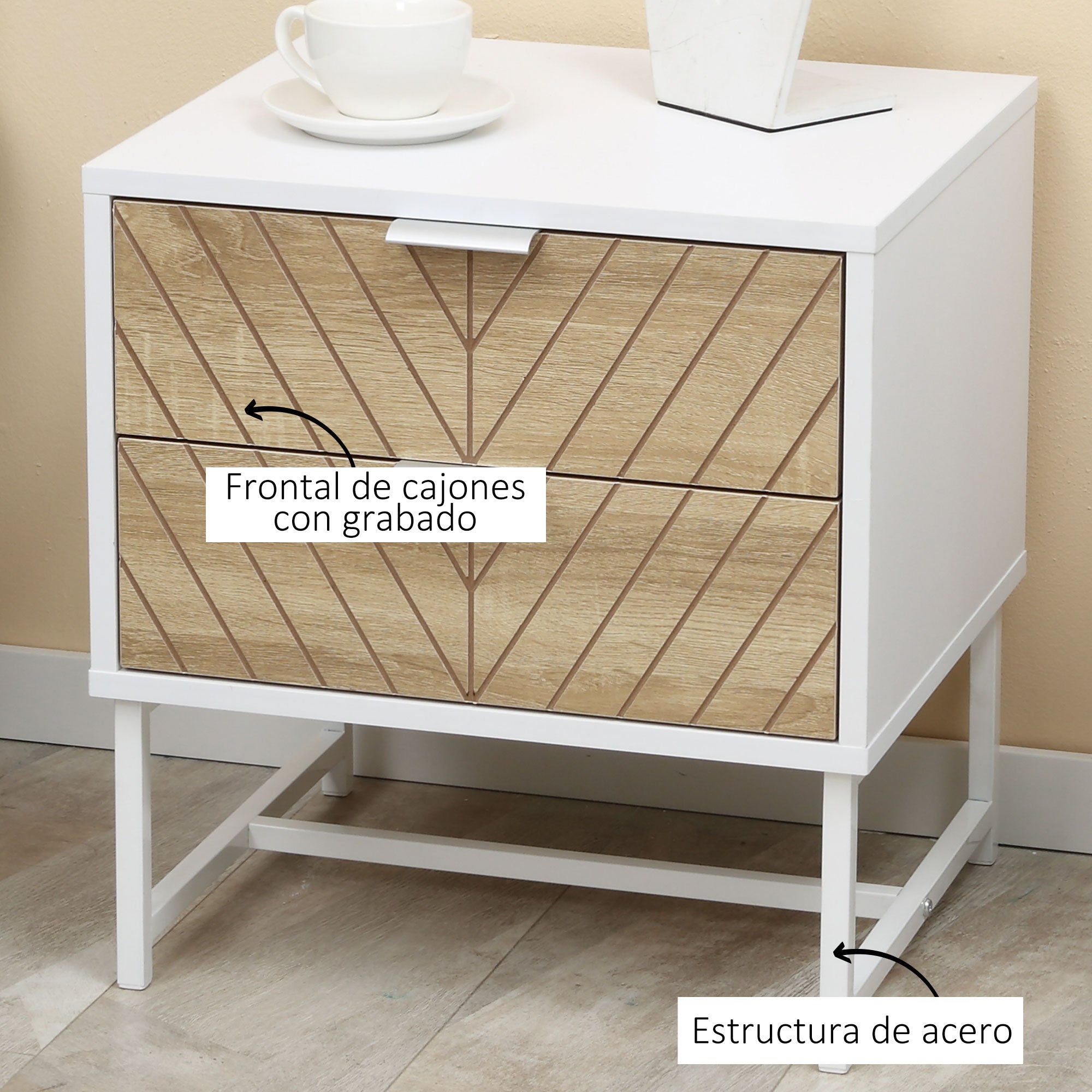 Nightstand Bedside Table with 2 Drawers and Steel Legs Modern Style Side Table for Living Room Bedroom 45x39x48 cm White and Oak