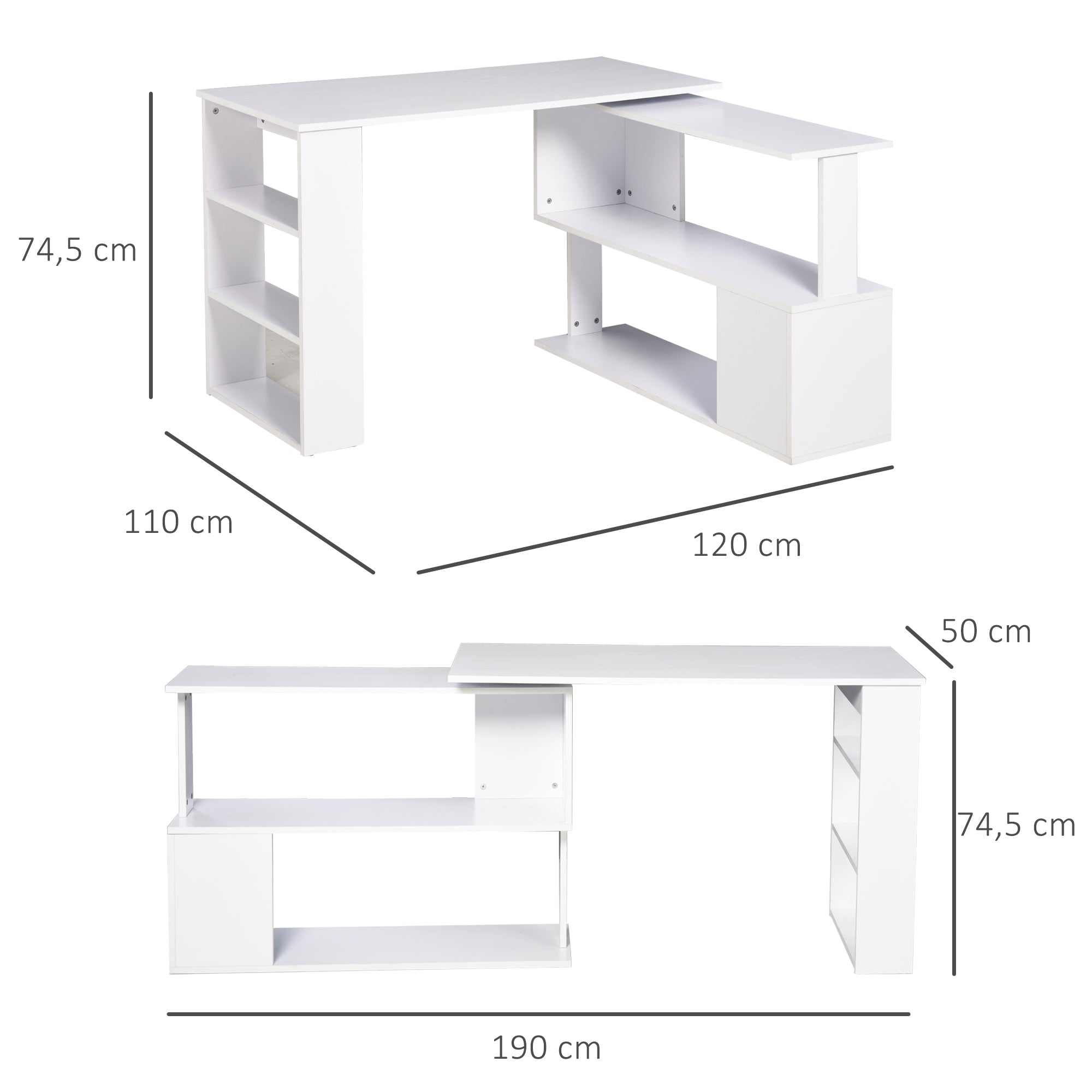 Rotating Corner Desk L-Shaped Desk with Shelf Desk with Shelves for Office Study 120x110x74.5 cm White