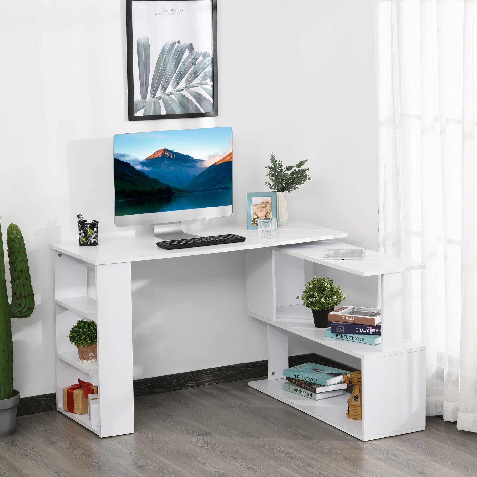 Rotating Corner Desk L-Shaped Desk with Shelf Desk with Shelves for Office Study 120x110x74.5 cm White