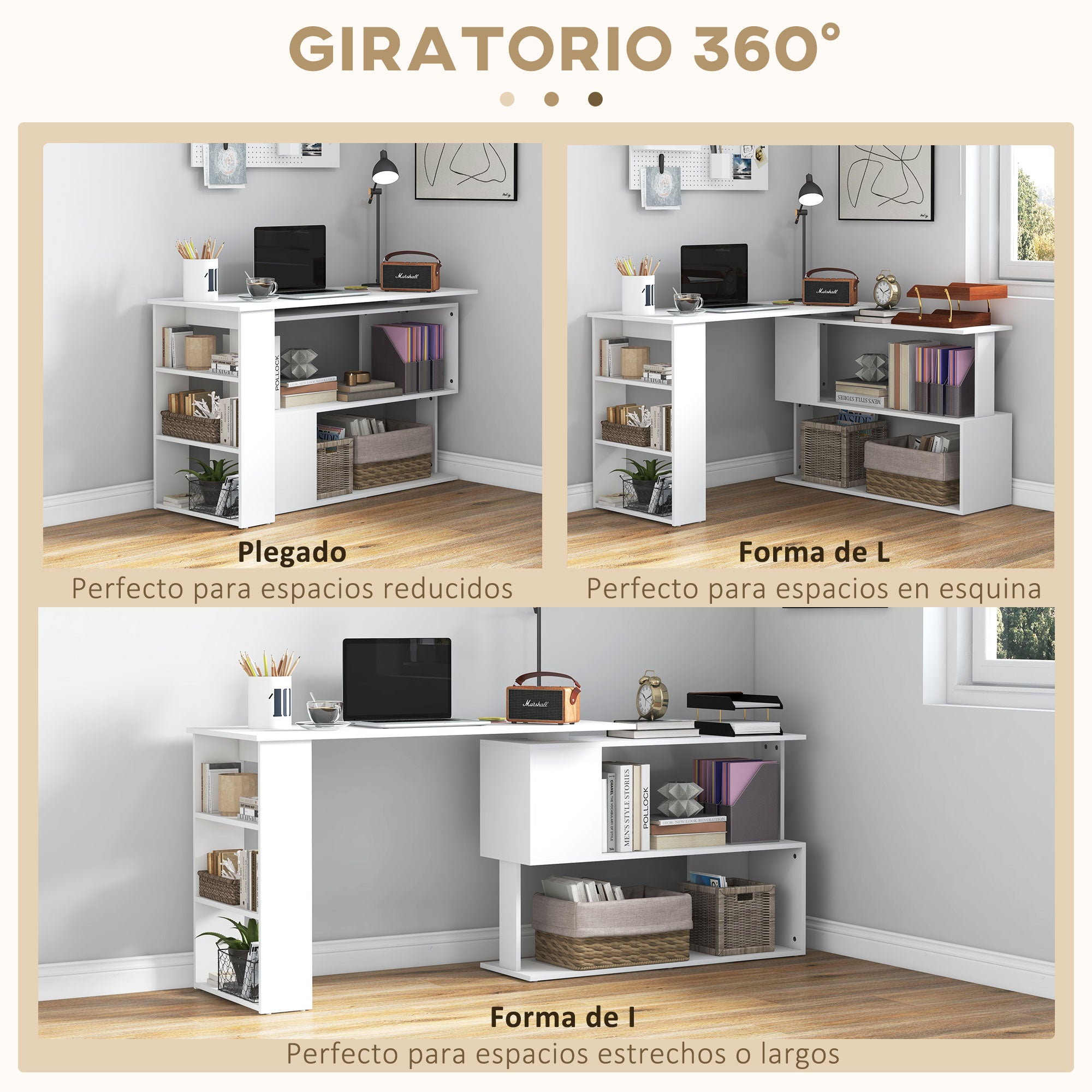 Rotating Corner Desk L-Shaped Desk with Shelf Desk with Shelves for Office Study 120x110x74.5 cm White