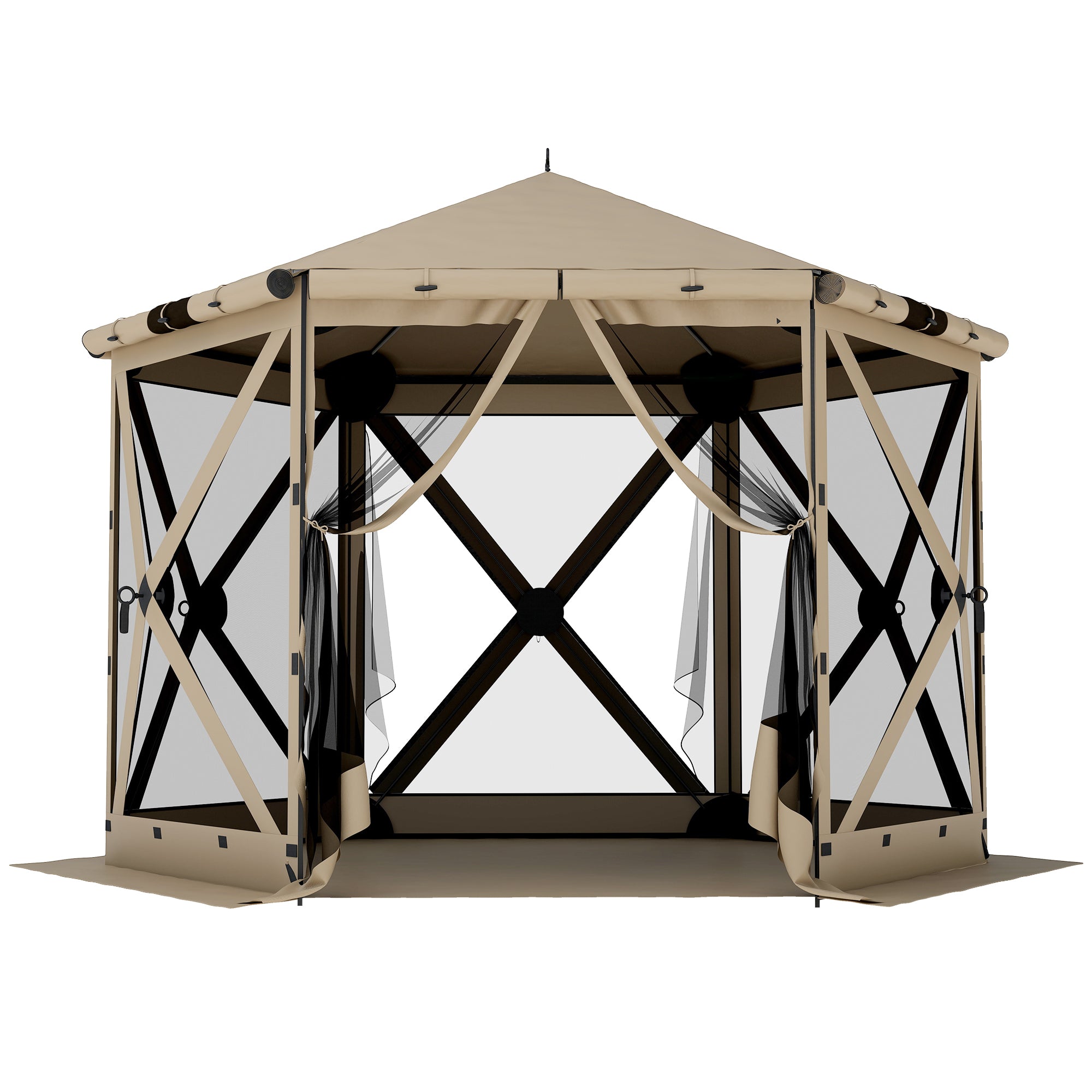 3.0 m x 2.6 m Hexagonal Pavilion with Floor Mat, Mesh Side Panels & Carry Bag — Waterproof, UV-Resistant Party Tent for Garden & Patio, Khaki