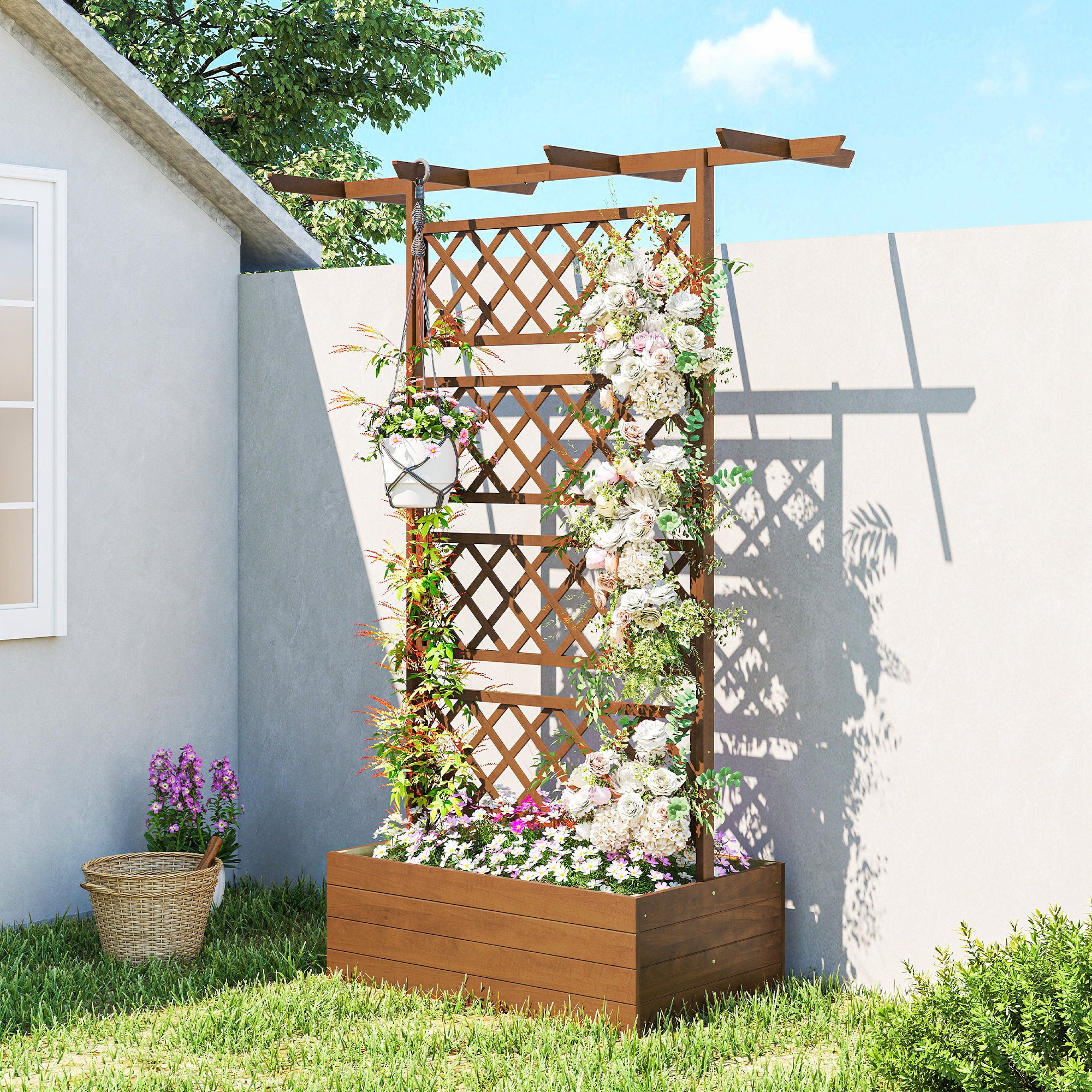 Pine Raised Planter with Trellis & Roof, Raised Garden Bed for Climbers, Balcony & Garden, 63 × 21.7 × 72 in (160 × 55 × 183 cm) - Orange