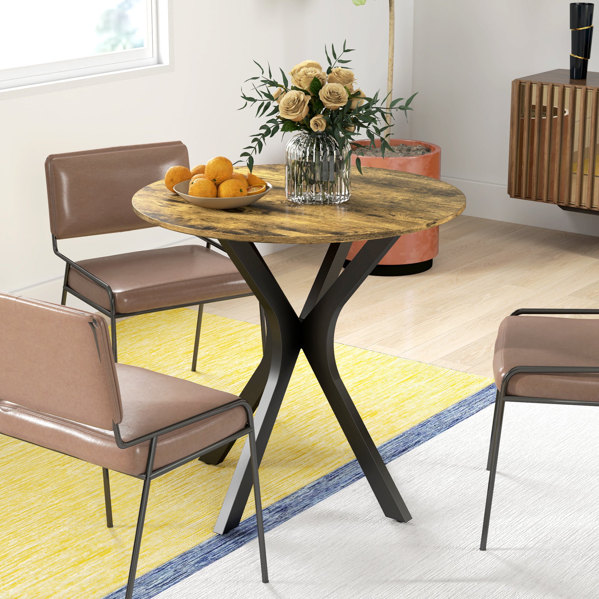 Dining Table 78 x 78 cm Round Kitchen Table for 2 People Dining Table with Spider Steel Frame Coffee Table for Kitchen, Dining Room, and Living Room Rustic Brown