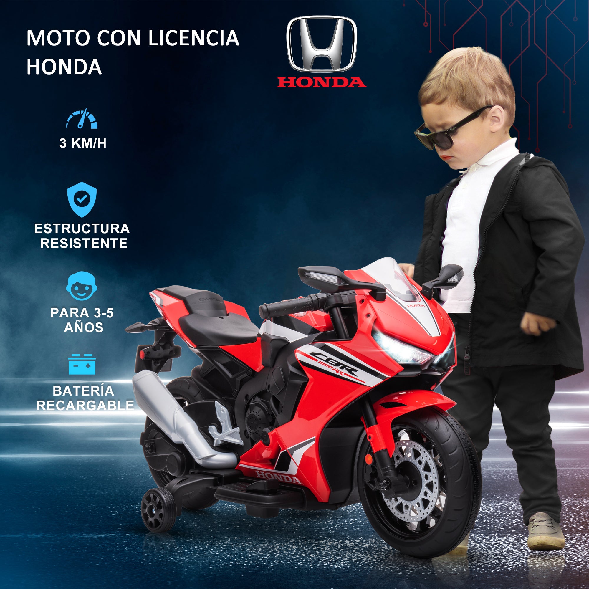 Honda Licensed Electric Motorcycle for Kids 3-5 Years Battery Powered Bike 6V with Headlight Horn Music and Removable Stabilizer Wheels 30 kg 90x44x52 cm Red