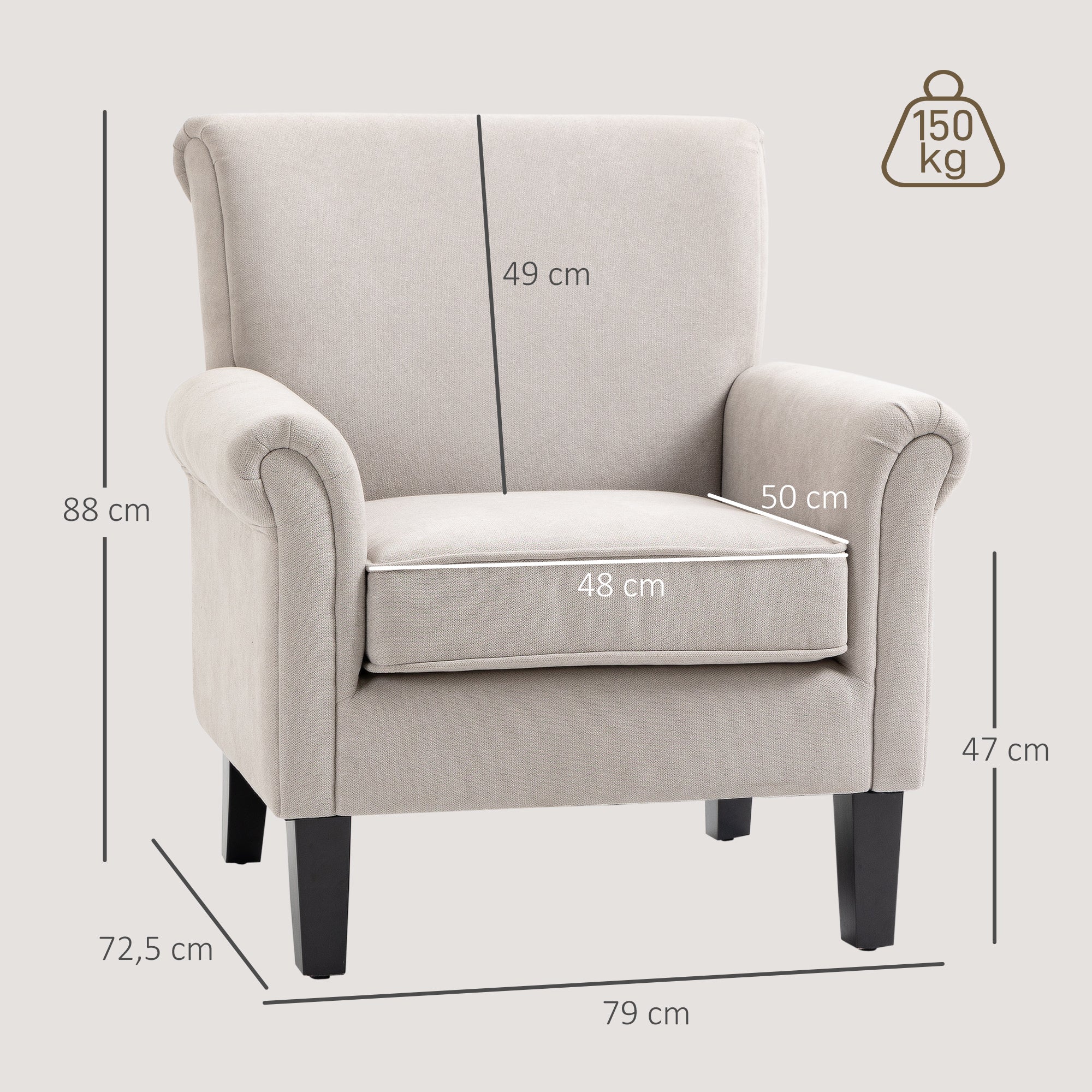 Upholstered Lounge Armchair Fabric Recliner with Armrests Removable and Washable Seat Wooden Legs for Modern Style Bedroom Load 150 kg 79x78x87 cm Gray