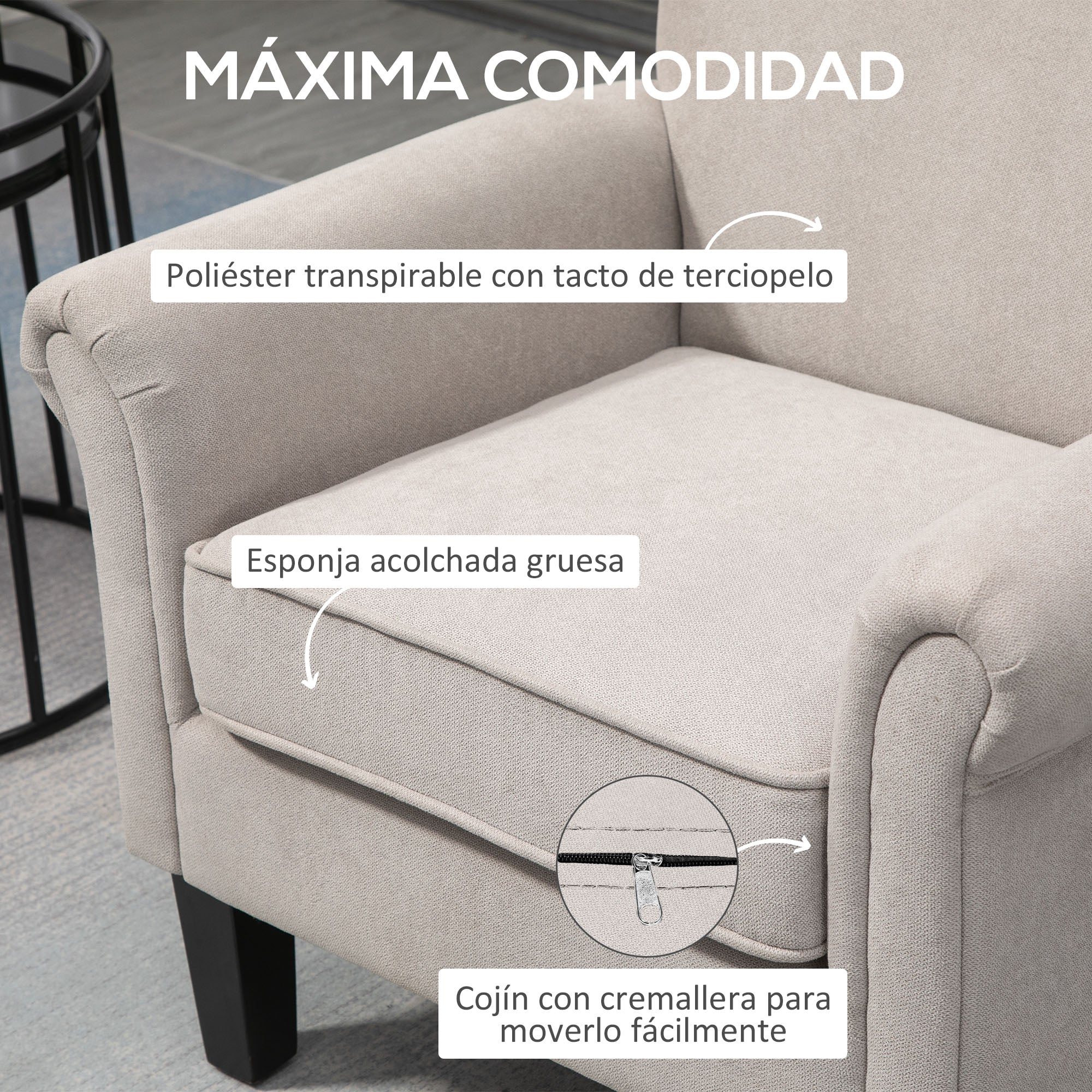 Upholstered Lounge Armchair Fabric Recliner with Armrests Removable and Washable Seat Wooden Legs for Modern Style Bedroom Load 150 kg 79x78x87 cm Gray