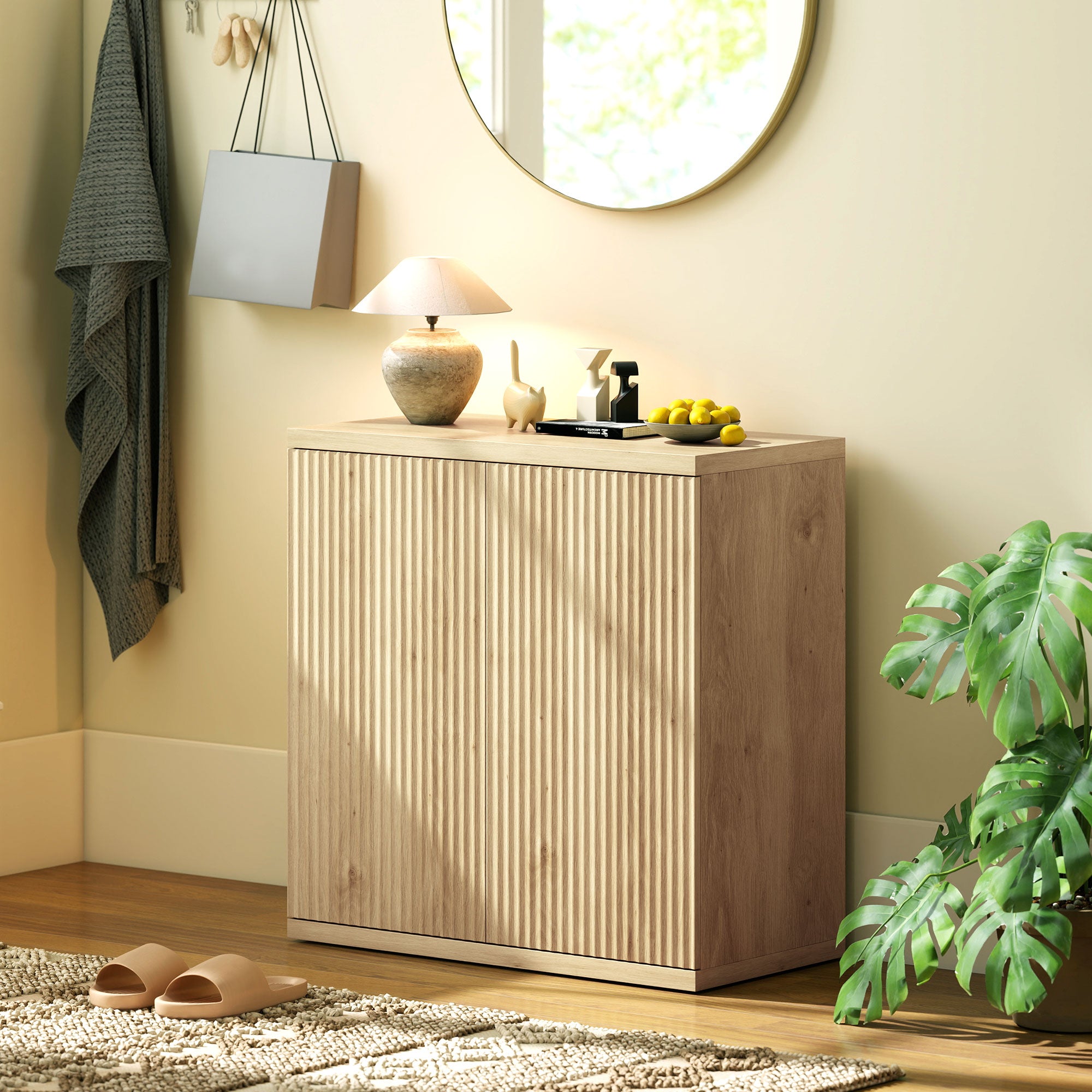Oak Sideboard, Double Soft-Close Doors with Adjustable Shelf, Modern Sideboard for Dining Room & Kitchen, 30.7 x 15.4 x 31.1 in (78 x 39 x 79 cm)