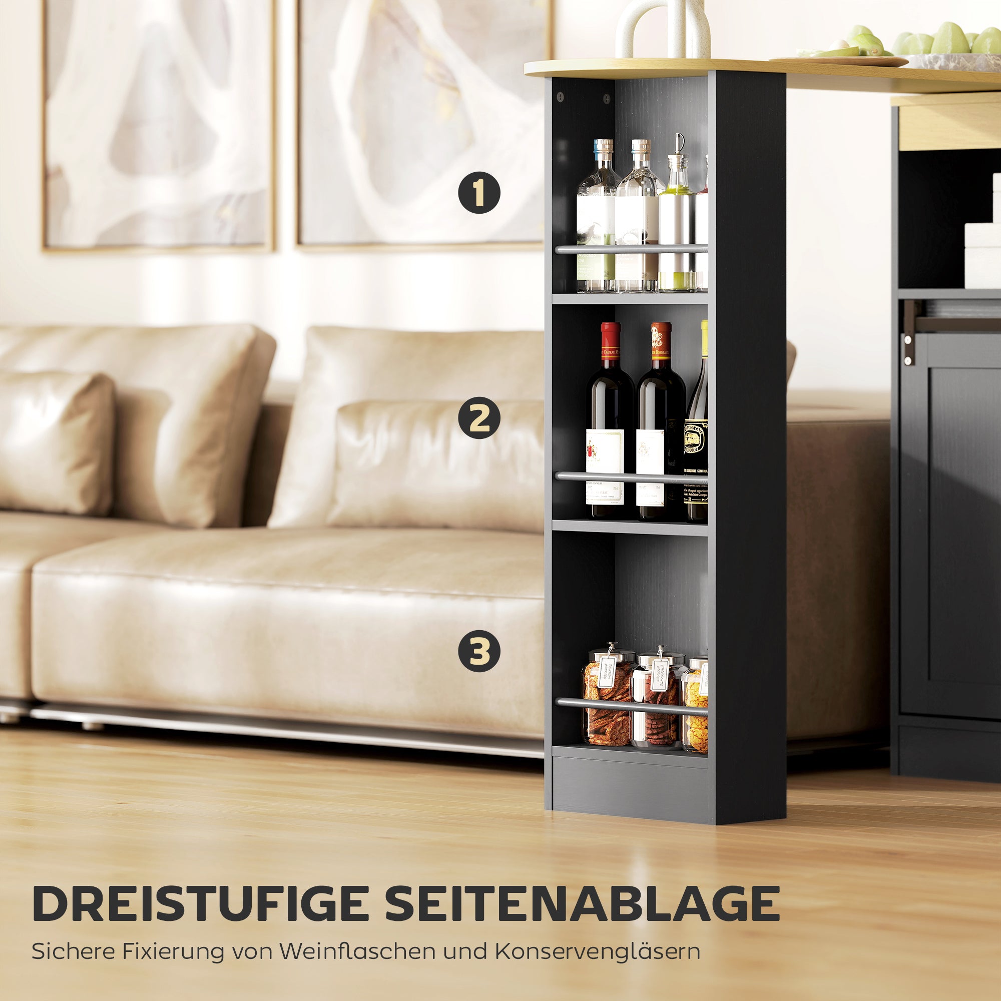 Extendable Bar Table 360° Rotatable Dining Table with Storage High Table Bistro Table Kitchen Counter with 8 Shelves and 2 Sliding Doors for Dining Room 187.5 x 35 x 105 cm Black