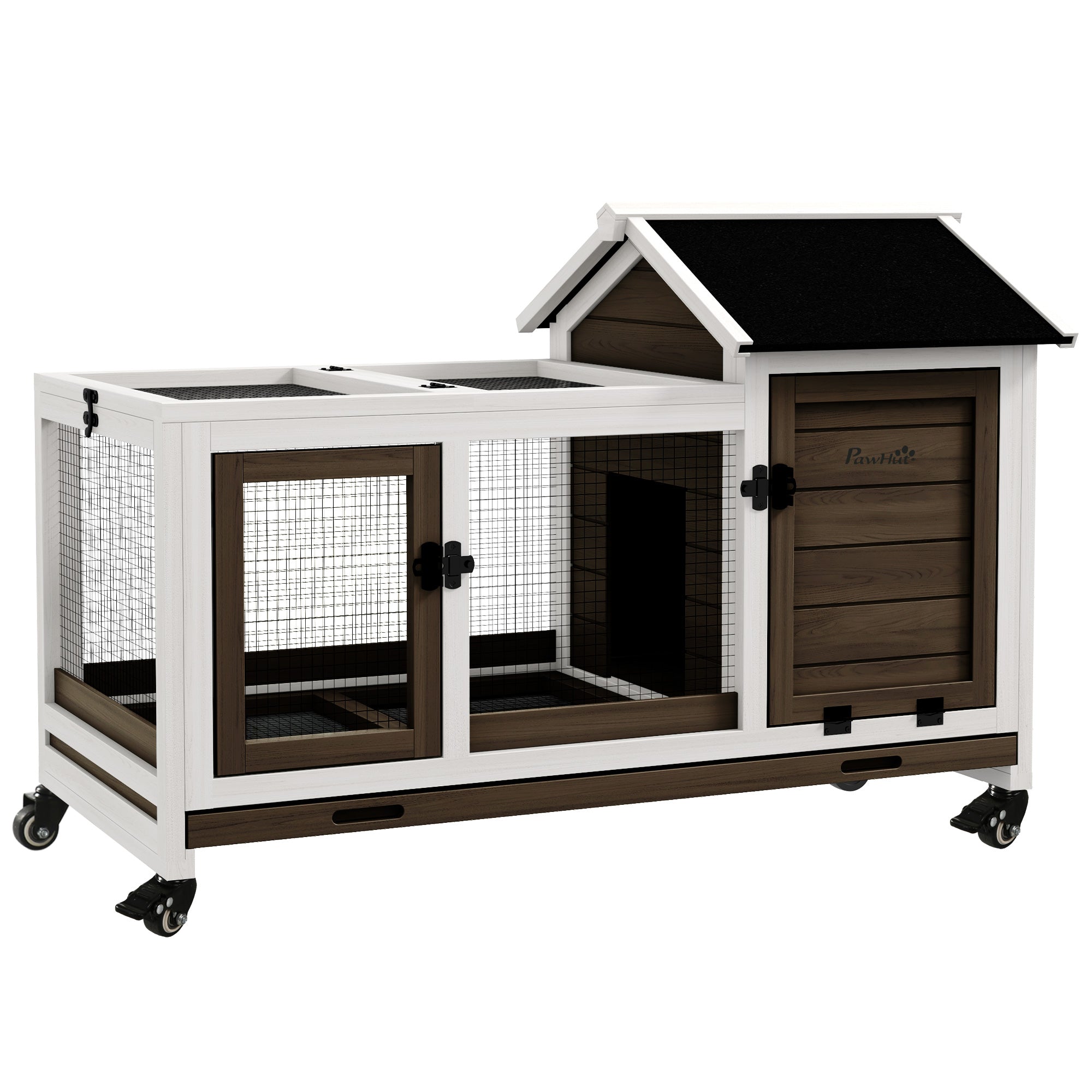 PawHut Ξύλινη Κλούβα για Κουνέλια με Ρόδες - Κλούβα με Αναδιπλούμενη Στέγη και Αφαιρούμενο Δίσκο - Κλούβα για Κουνέλια για Εσωτερικούς και Εξωτερικούς Χώρους 108x58x73.5 εκ Καφέ