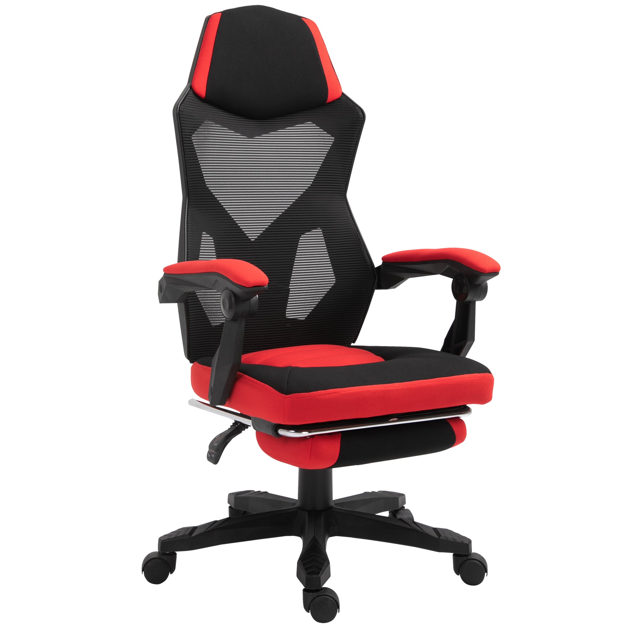 Chaise de Bureau Ergonomique Vinsetto, Chaise Gamer, Chaise Pivotante avec Repose-Pieds, Chaise PC, Chaise de Direction, Hauteur Réglable, Polyester, Noir+Rouge, 58 x 63 x 112-122 cm