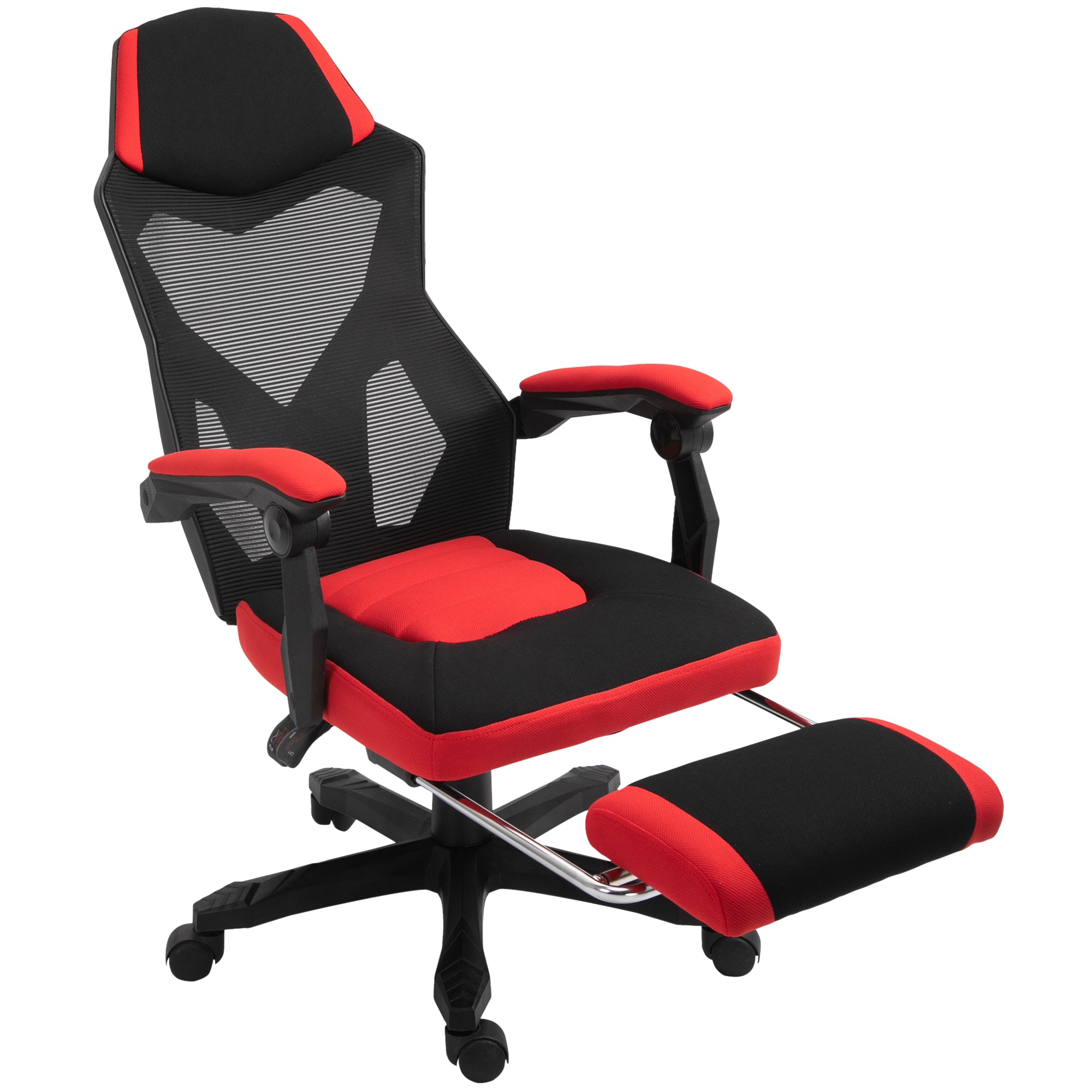 Chaise de Bureau Ergonomique Vinsetto, Chaise Gamer, Chaise Pivotante avec Repose-Pieds, Chaise PC, Chaise de Direction, Hauteur Réglable, Polyester, Noir+Rouge, 58 x 63 x 112-122 cm