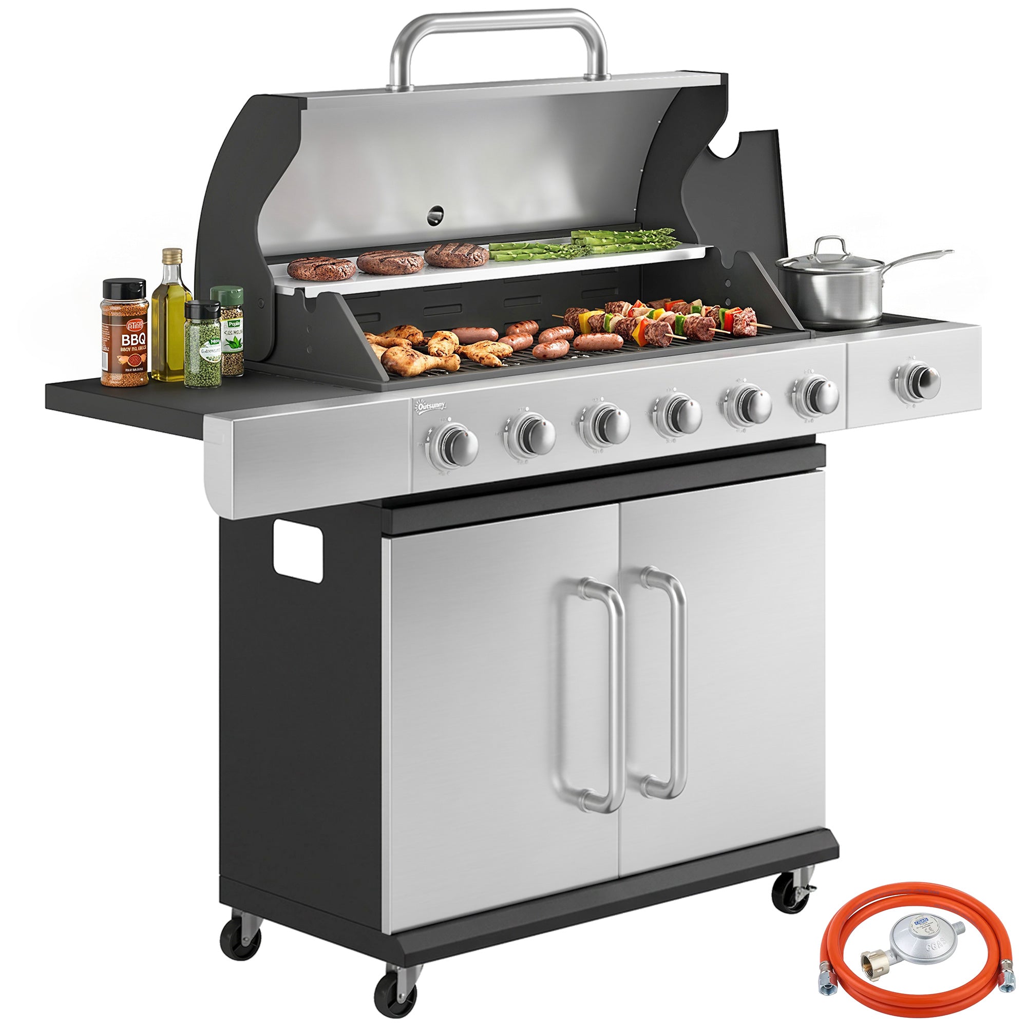 18.6 kW 6+1-Burner Stainless Steel Gas Grill Cart — Side Burner, Thermometer, Cast-Iron Grates, Warming Rack & Cabinet
