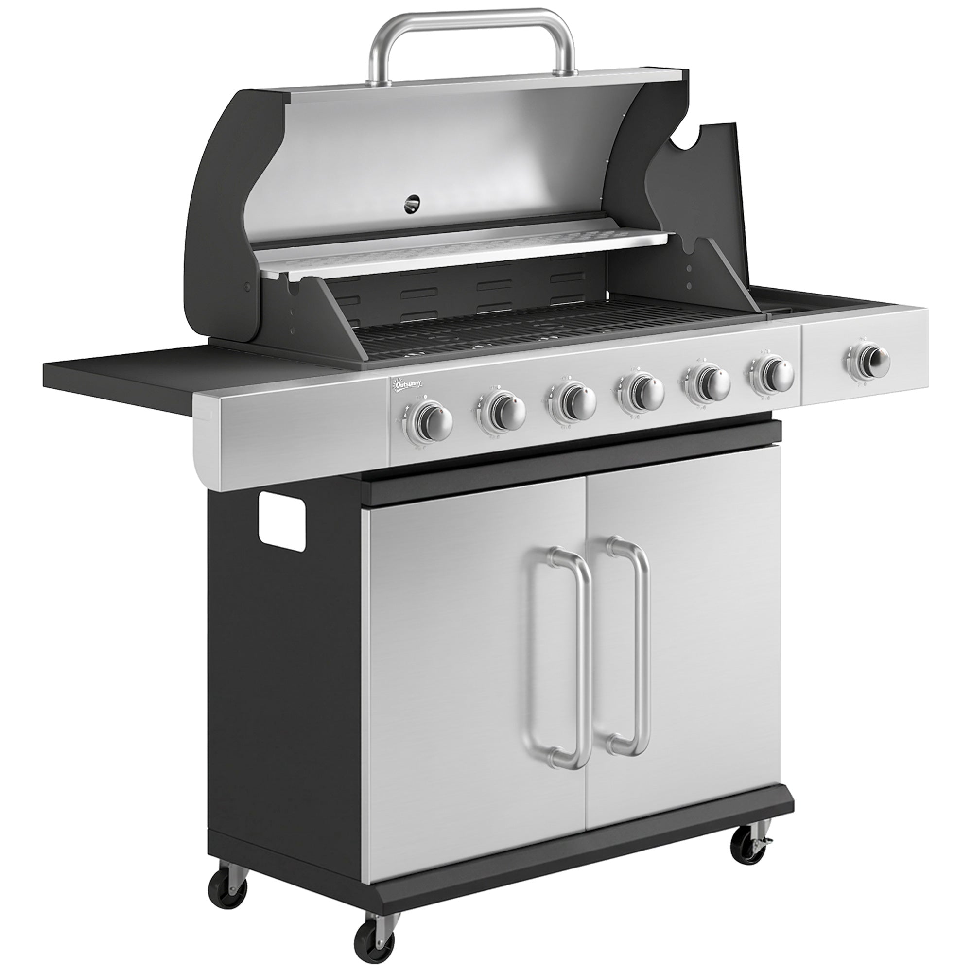 18.6 kW 6+1-Burner Stainless Steel Gas Grill Cart — Side Burner, Thermometer, Cast-Iron Grates, Warming Rack & Cabinet
