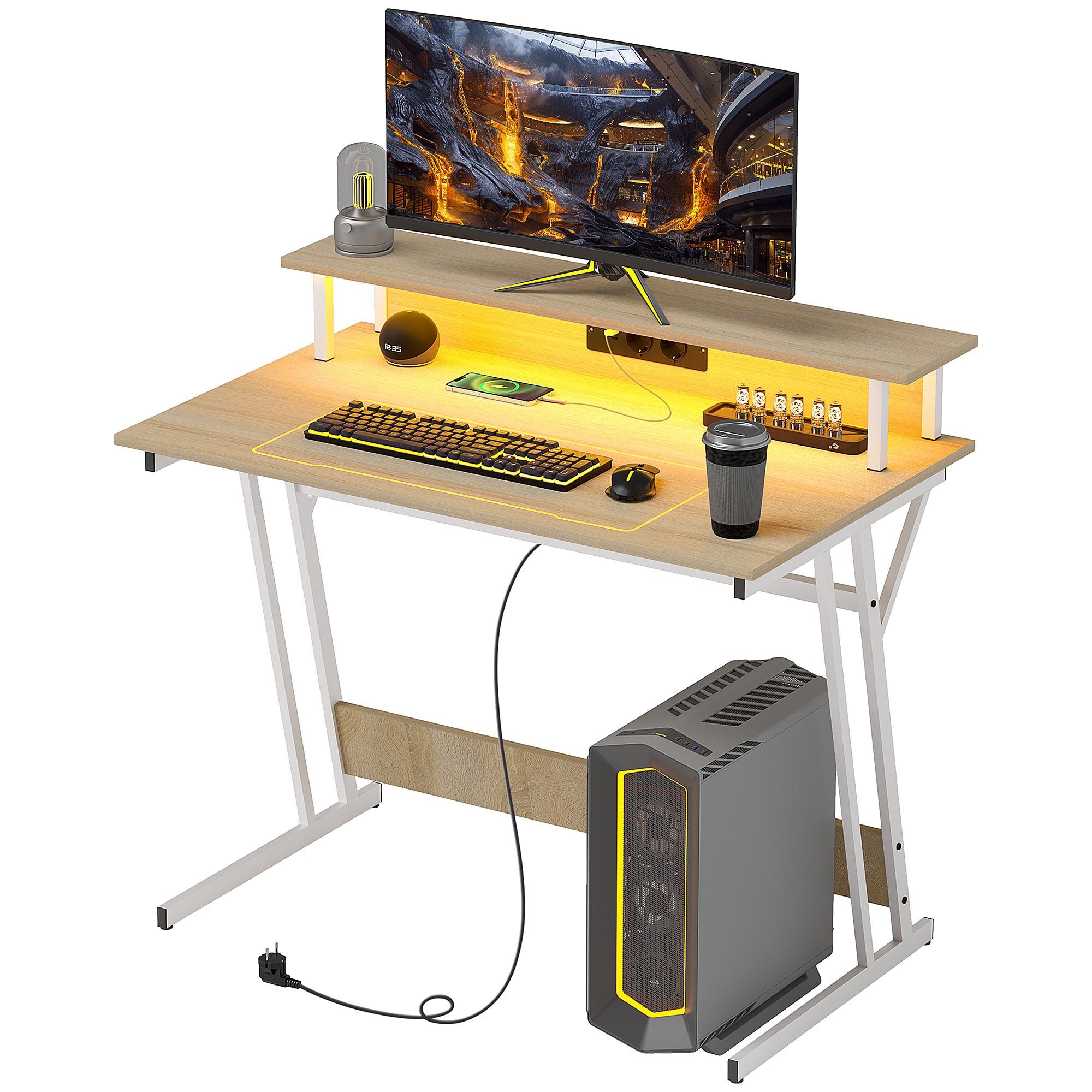 Gaming Desk with LED Lights 100x60 cm Gamer Desk with Power Outlets Monitor Stand Shelves and Remote Control for Office Natural Study