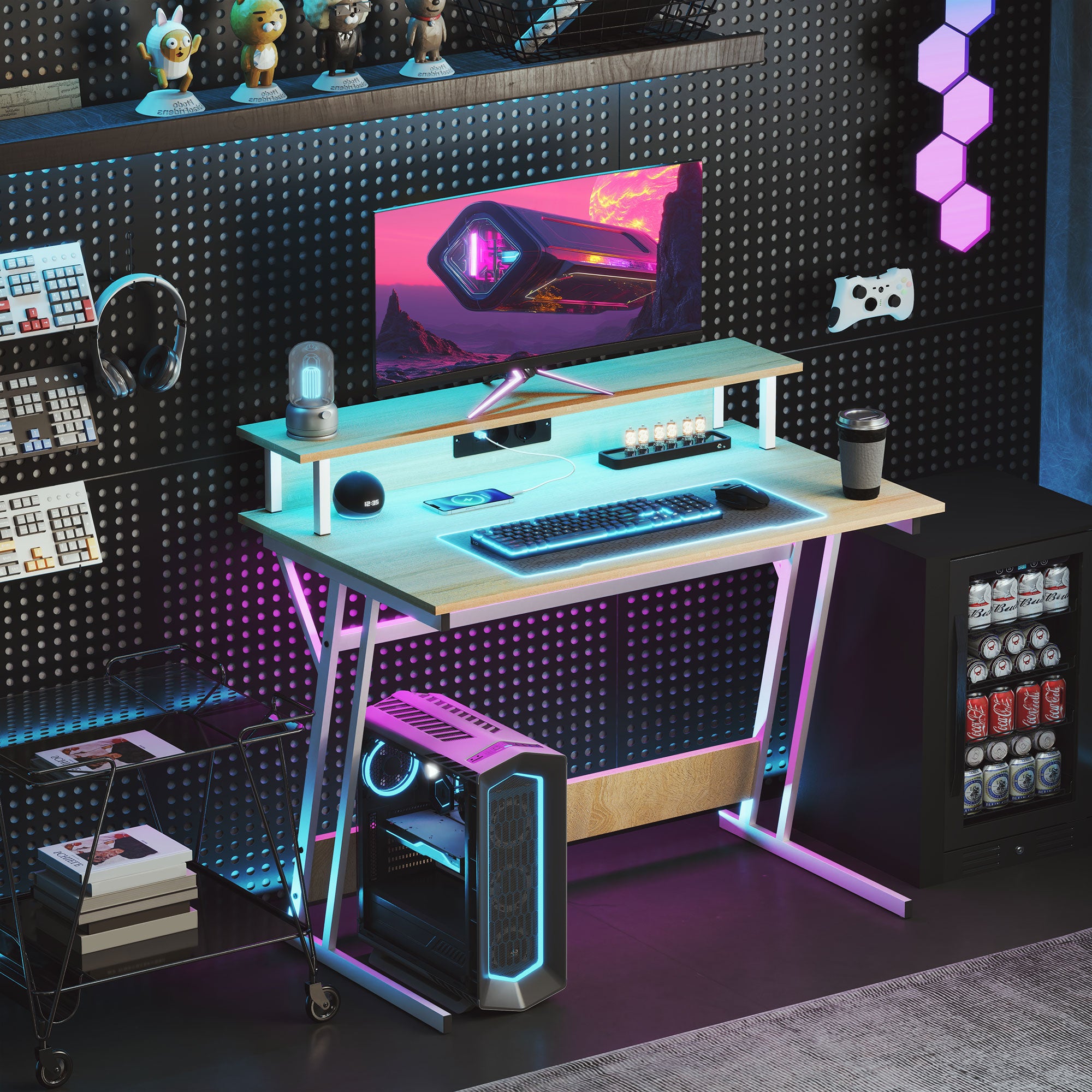 Gaming Desk with LED Lights 100x60 cm Gamer Desk with Power Outlets Monitor Stand Shelves and Remote Control for Office Natural Study