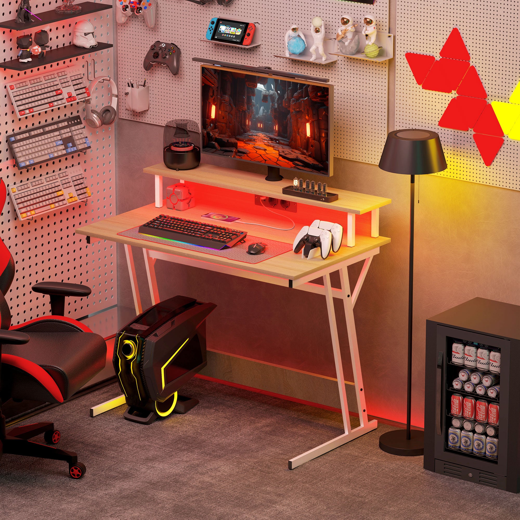 Gaming Desk with LED Lights 100x60 cm Gamer Desk with Power Outlets Monitor Stand Shelves and Remote Control for Office Natural Study