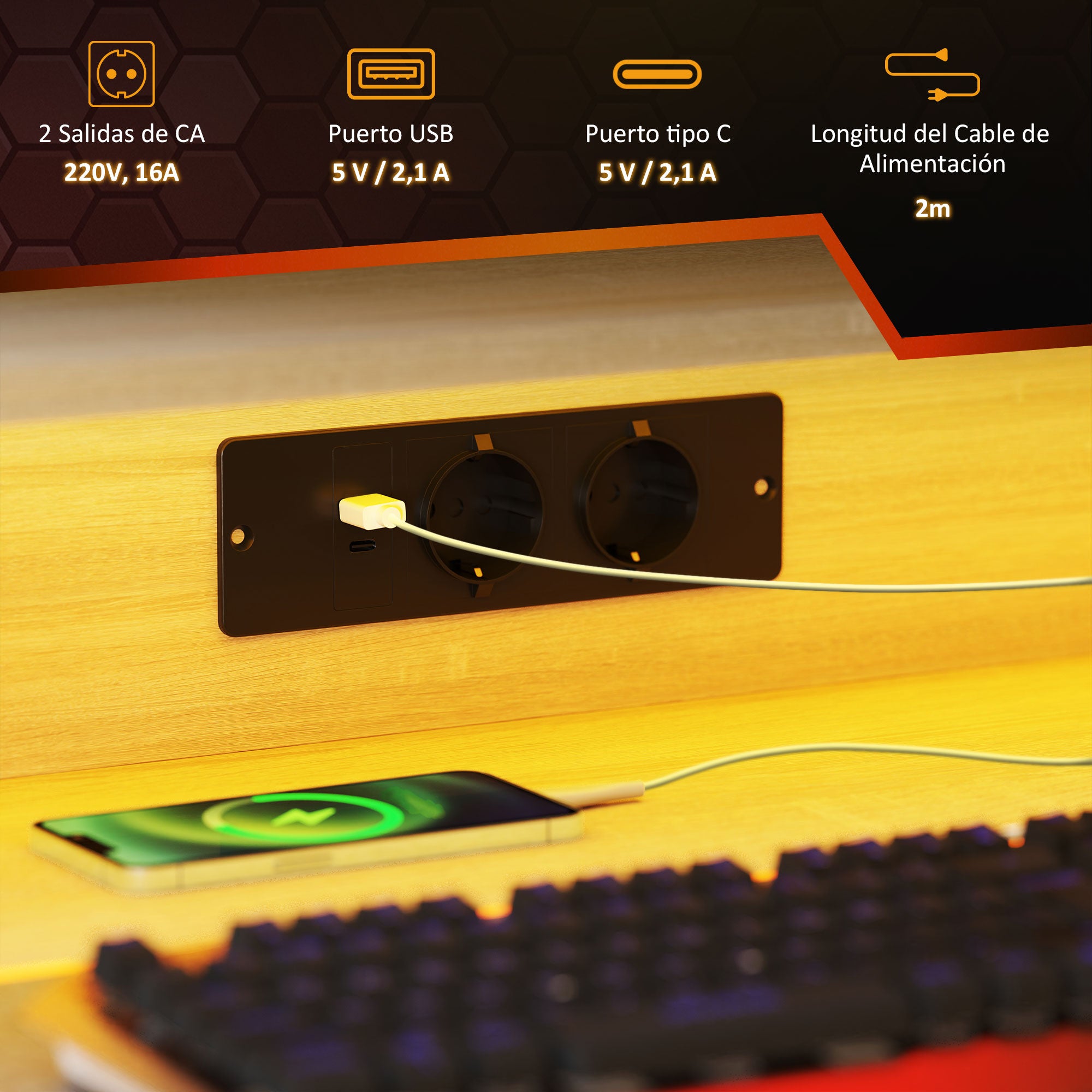 Gaming Desk with LED Lights 100x60 cm Gamer Desk with Power Outlets Monitor Stand Shelves and Remote Control for Office Natural Study