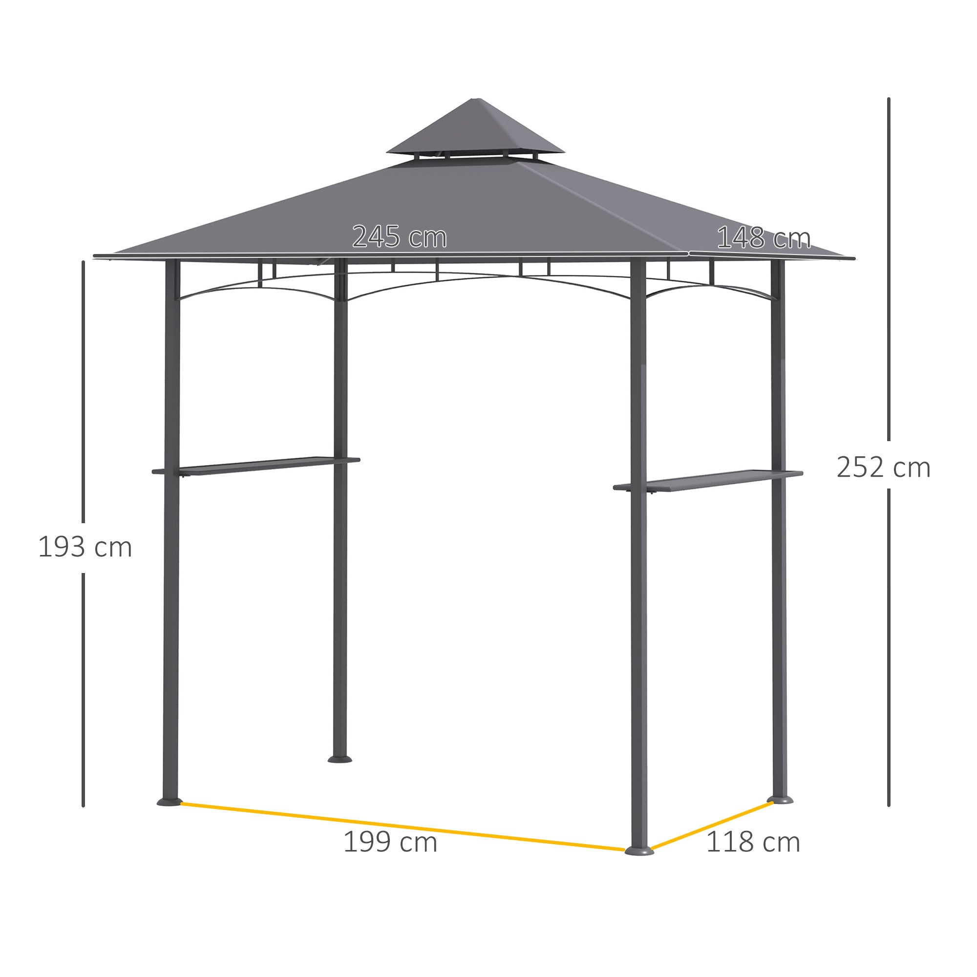 Grill Pavilion Garden Tent Grill Gazebo Balcony Pavilion with Shelves Flame-Retardant Double Roof Gray 245 x 148 x 252 cm