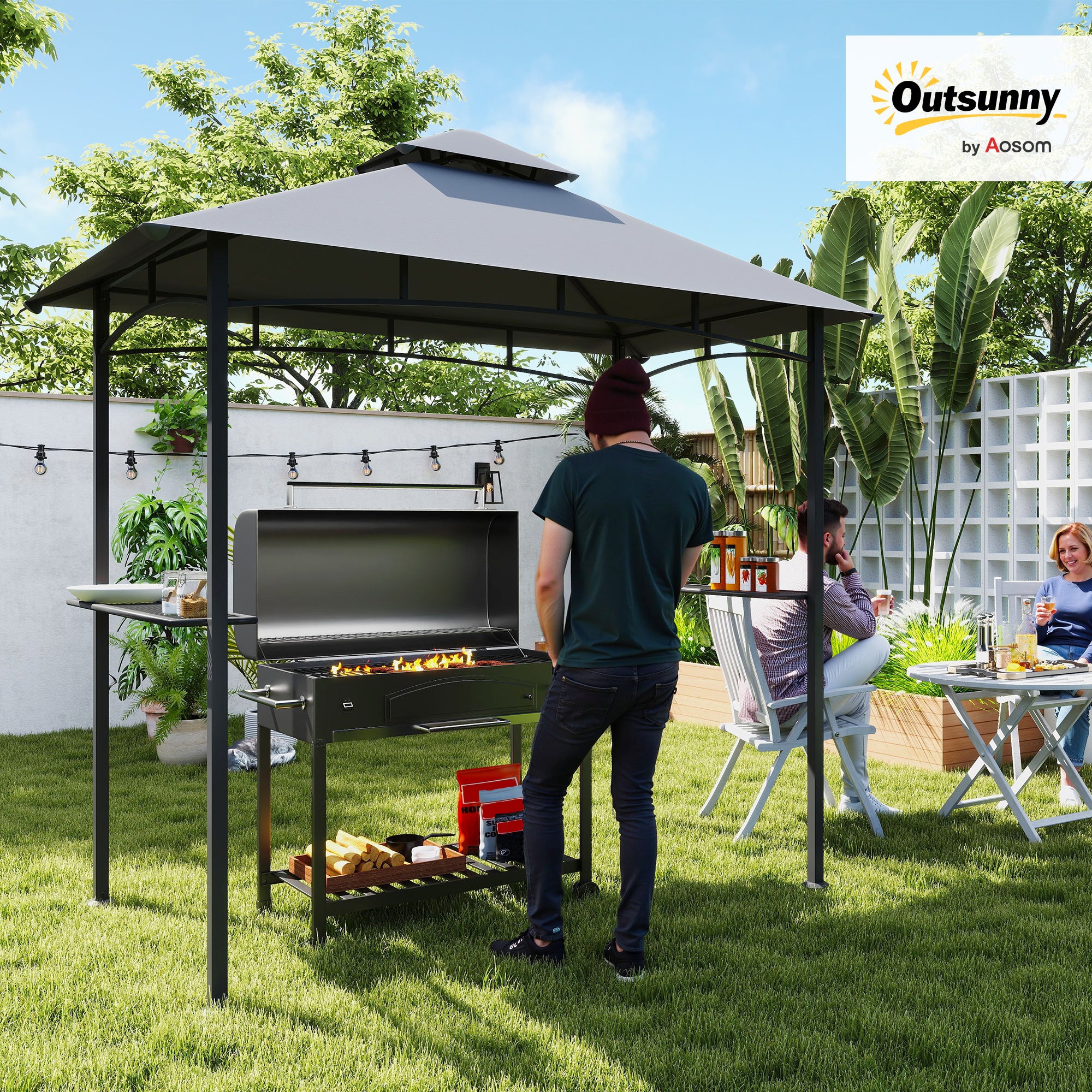 Grill Pavilion Garden Tent Grill Gazebo Balcony Pavilion with Shelves Flame-Retardant Double Roof Gray 245 x 148 x 252 cm