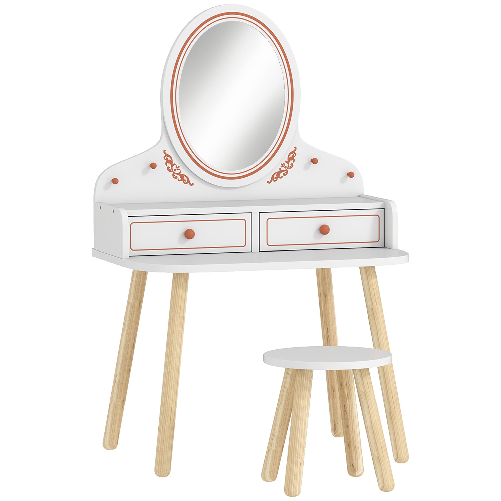 Kids Vanity Set with Stool & Mirror — Makeup Table with Drawers & Hanging Rods for Girls, Ages 3–8 — White