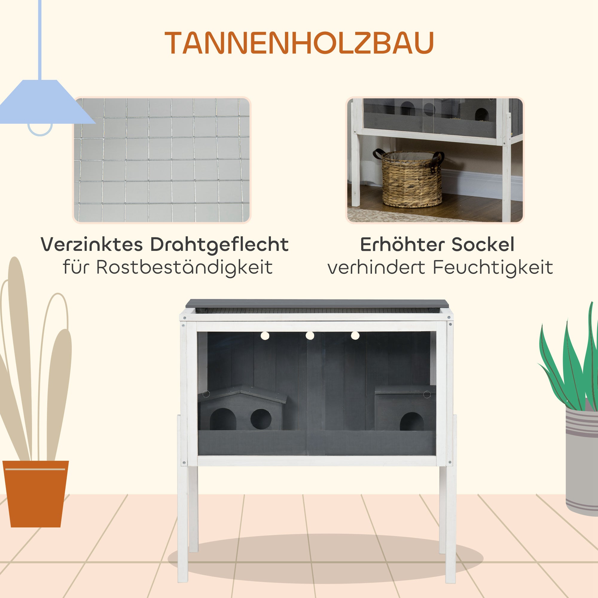 Wooden Hamster Cage for Dwarf Hamster Rodent Cage Small Pet Cage with 2 Cottages and Accessories, Large Mouse Cage 82 x 45 x 81 cm Gray