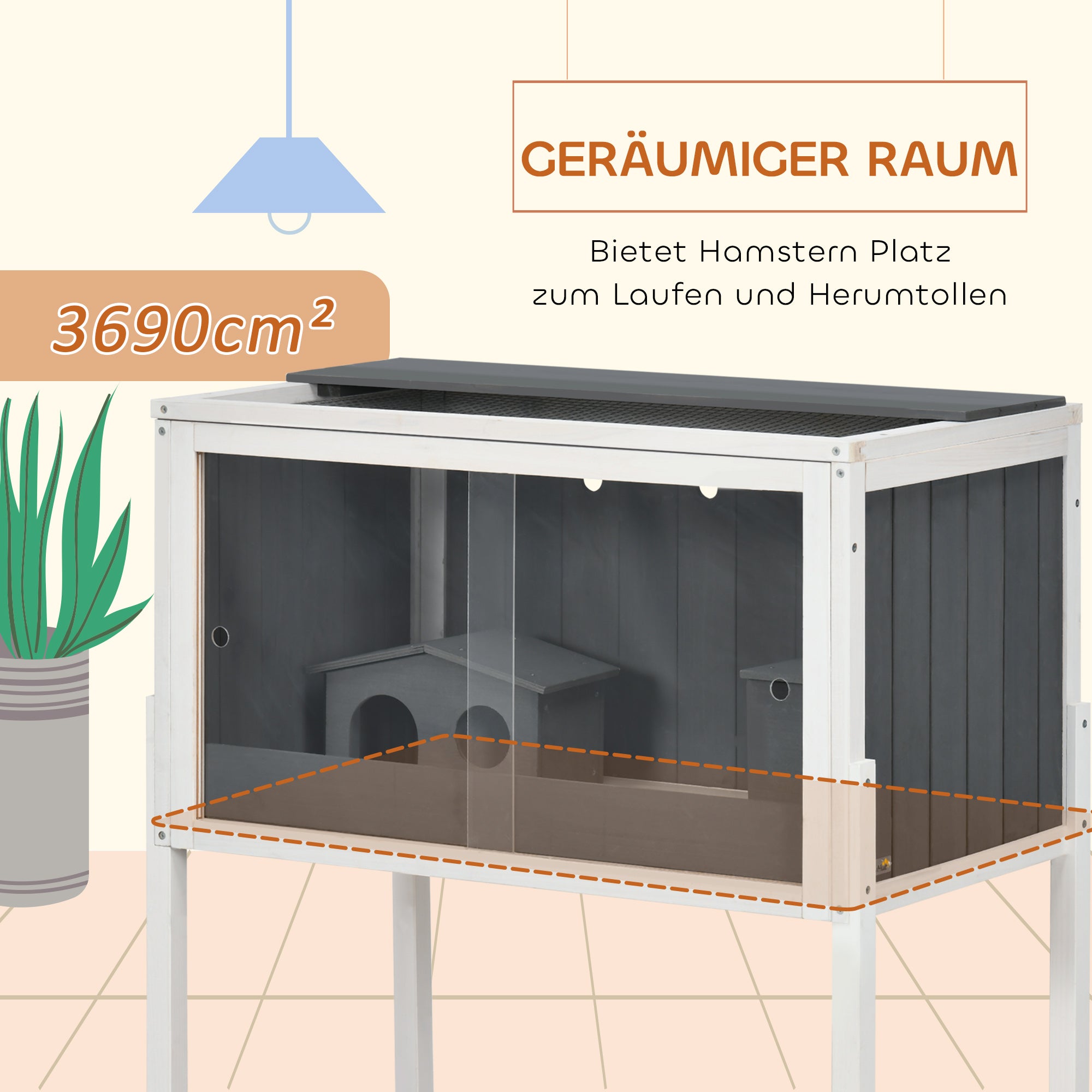 Wooden Hamster Cage for Dwarf Hamster Rodent Cage Small Pet Cage with 2 Cottages and Accessories, Large Mouse Cage 82 x 45 x 81 cm Gray