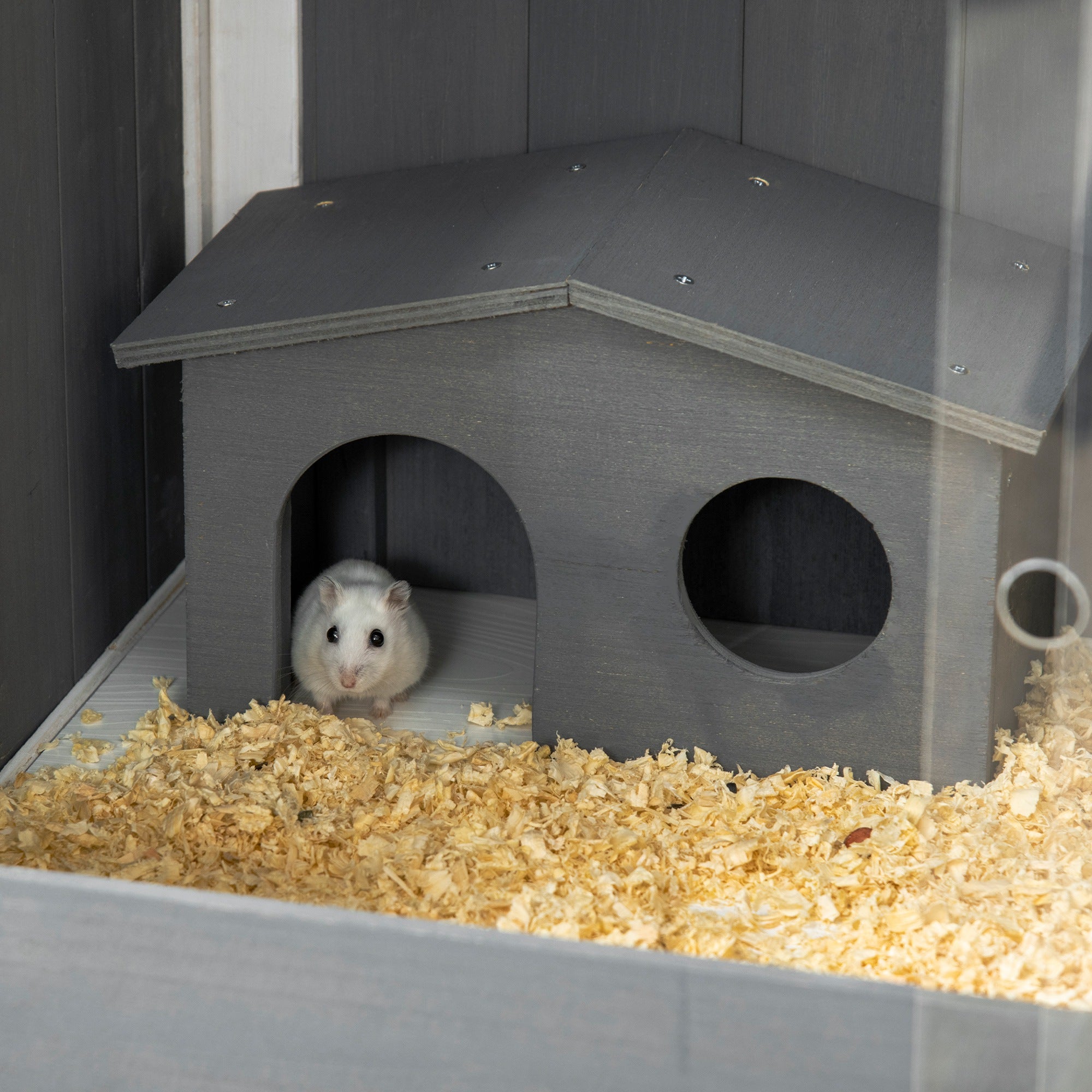 Wooden Hamster Cage for Dwarf Hamster Rodent Cage Small Pet Cage with 2 Cottages and Accessories, Large Mouse Cage 82 x 45 x 81 cm Gray