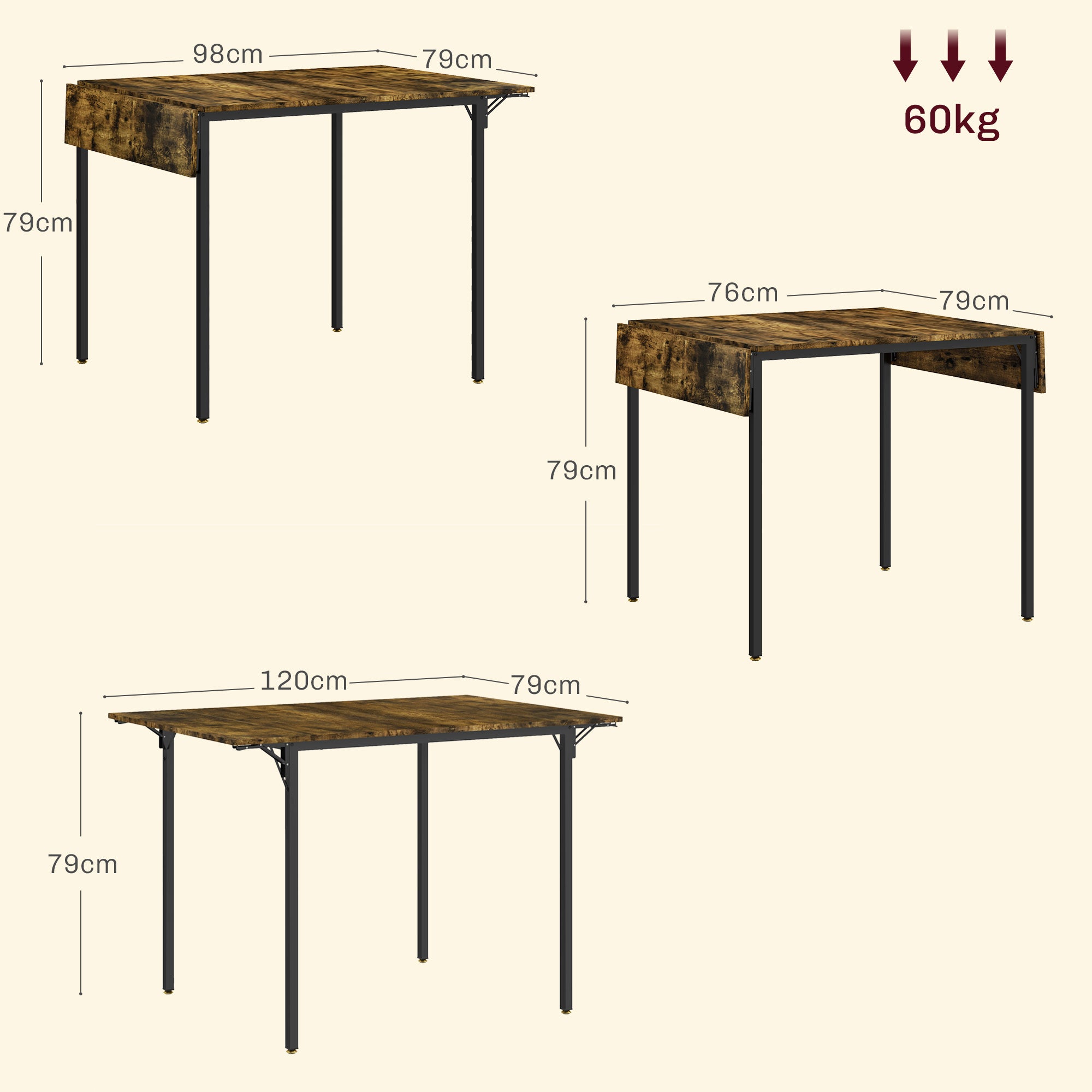 Folding Dining Table Extendable Kitchen Table with 2 Drop Leaves Industrial Rectangular Style for Small Space, Drop-Leaf Table for 2-4 People, Rustic Brown