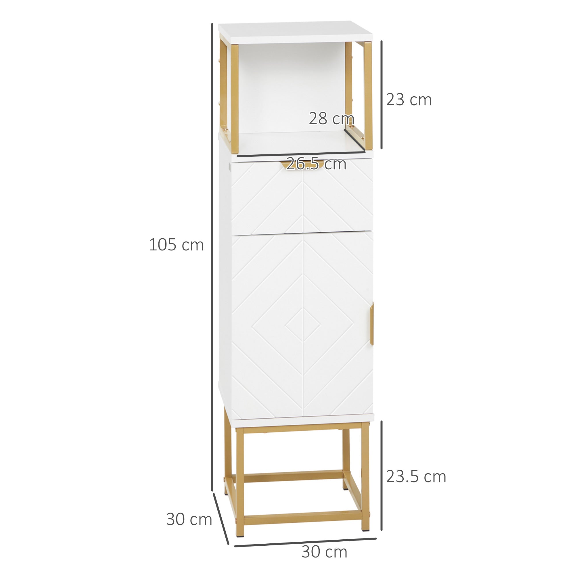 Bathroom Cabinet, Bathroom Column with Drawer, Cabinet, and Shelf in Wood and Metal, 30x30x105cm, White