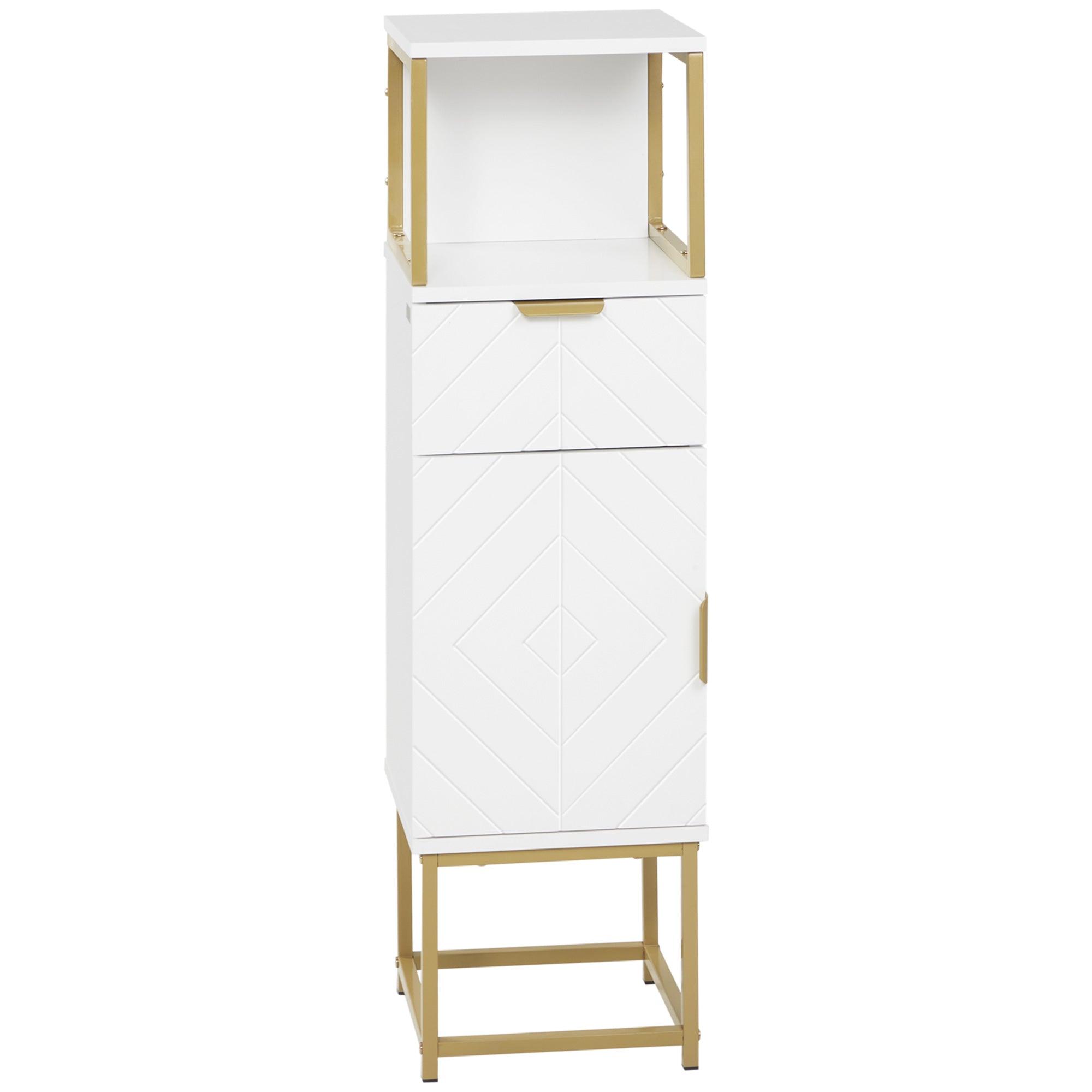 Bathroom Cabinet, Bathroom Column with Drawer, Cabinet, and Shelf in Wood and Metal, 30x30x105cm, White