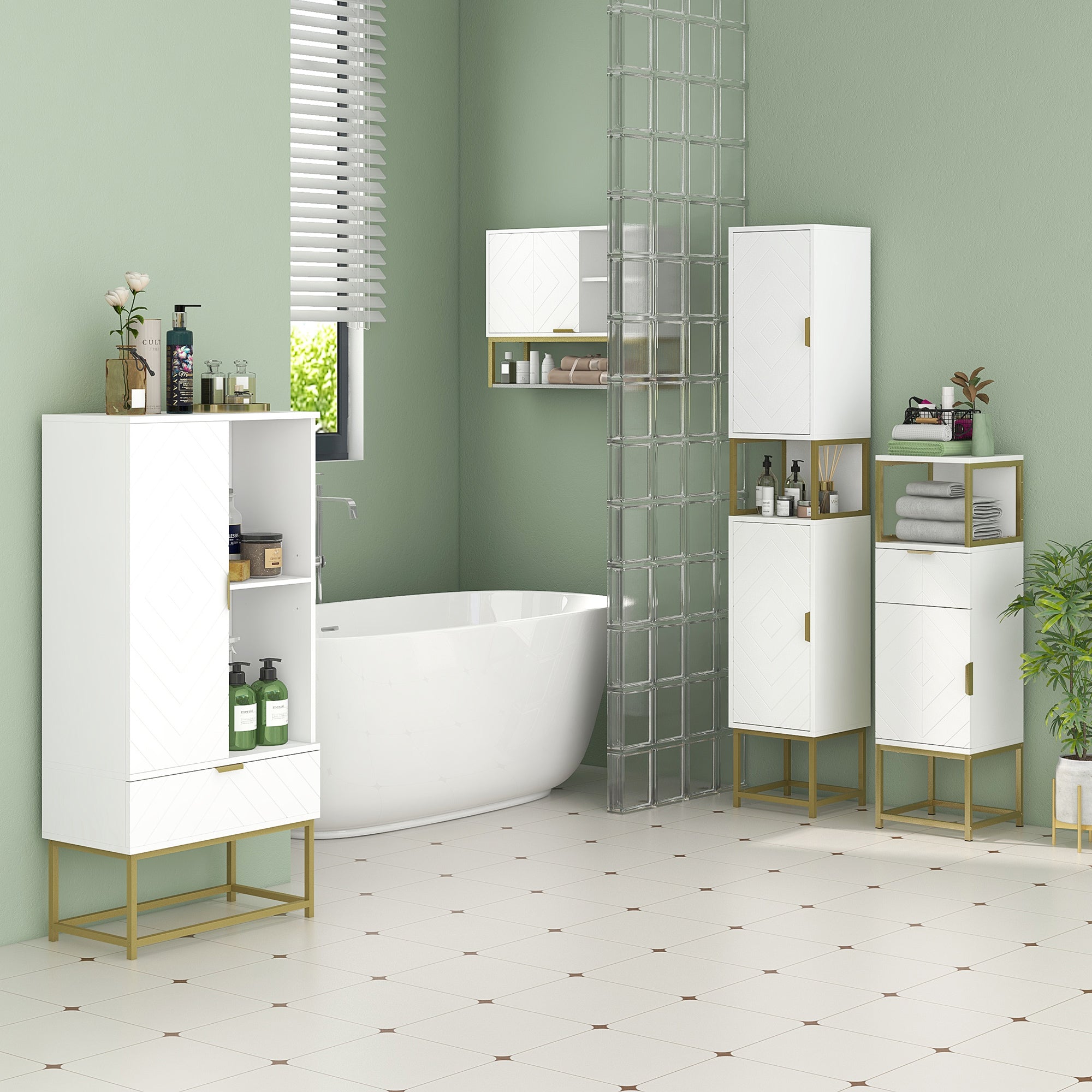 Bathroom Cabinet, Bathroom Column with Drawer, Cabinet, and Shelf in Wood and Metal, 30x30x105cm, White