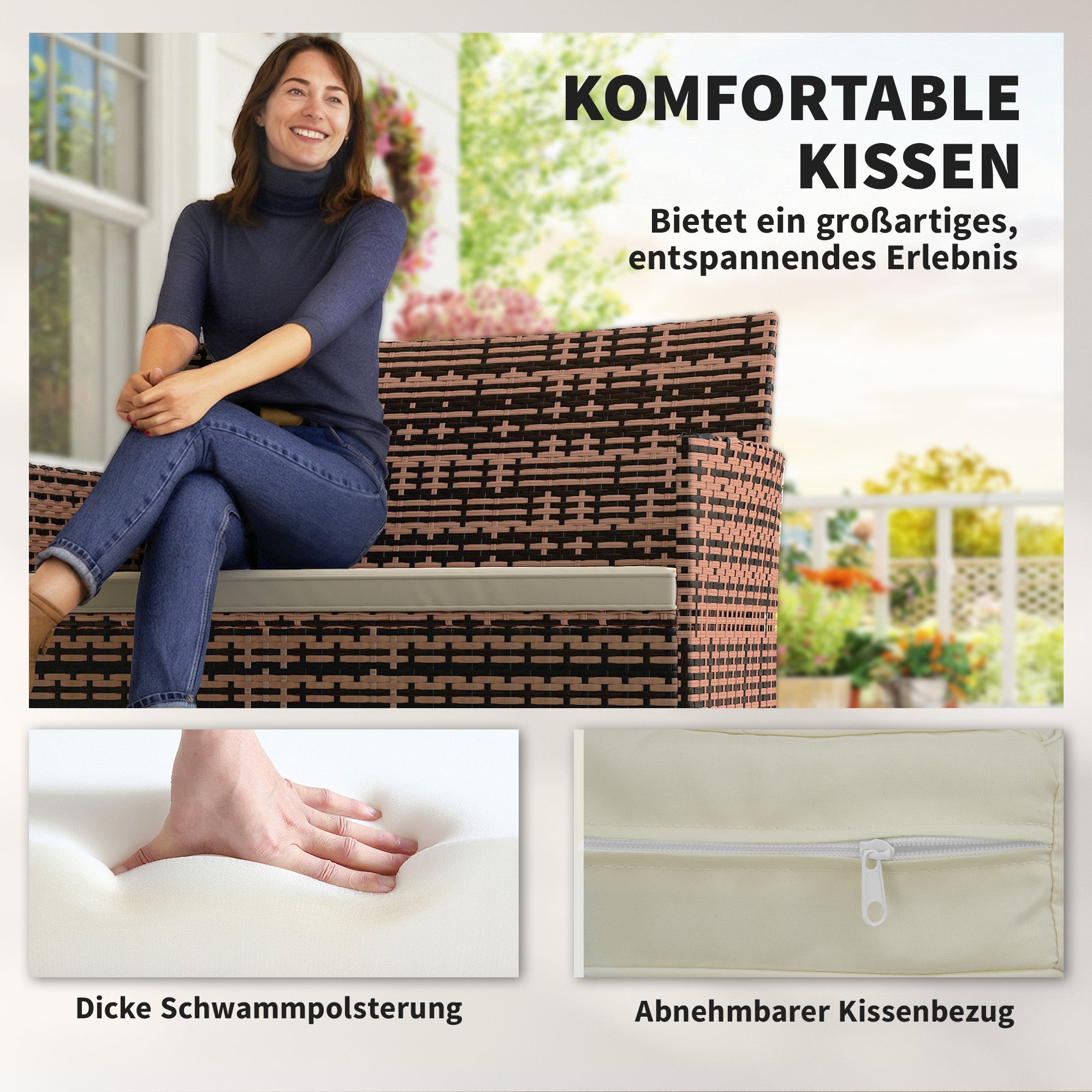 2‑Seater Rattan Garden Sofa with Cushions — Weather‑Resistant Outdoor Couch for Patio, Balcony, Khaki