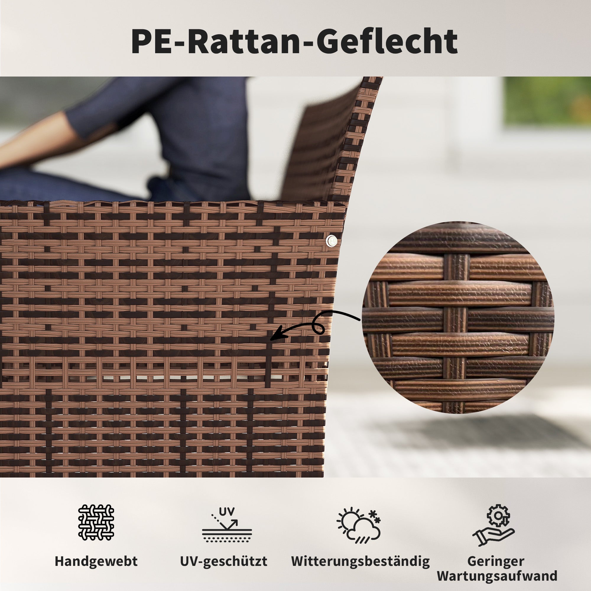 2‑Seater Rattan Garden Sofa with Cushions — Weather‑Resistant Outdoor Couch for Patio, Balcony, Khaki