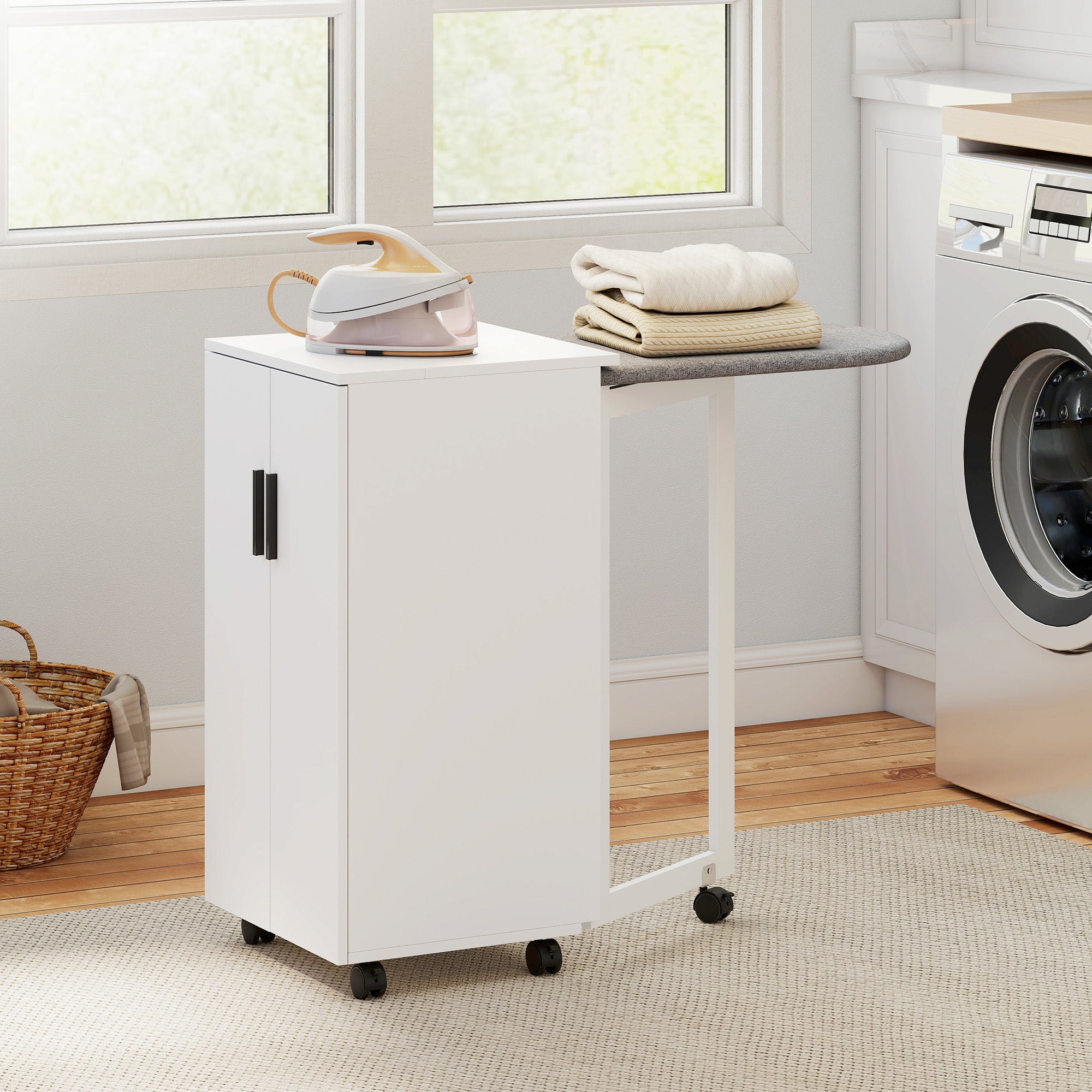Foldable Ironing Board Cabinet with 2 Doors & Adjustable Shelves — Fold-Down Ironing Station with Storage, Soft-Close Hinges, Wheels, White (39.2 x 16.9 x 32.7 in)