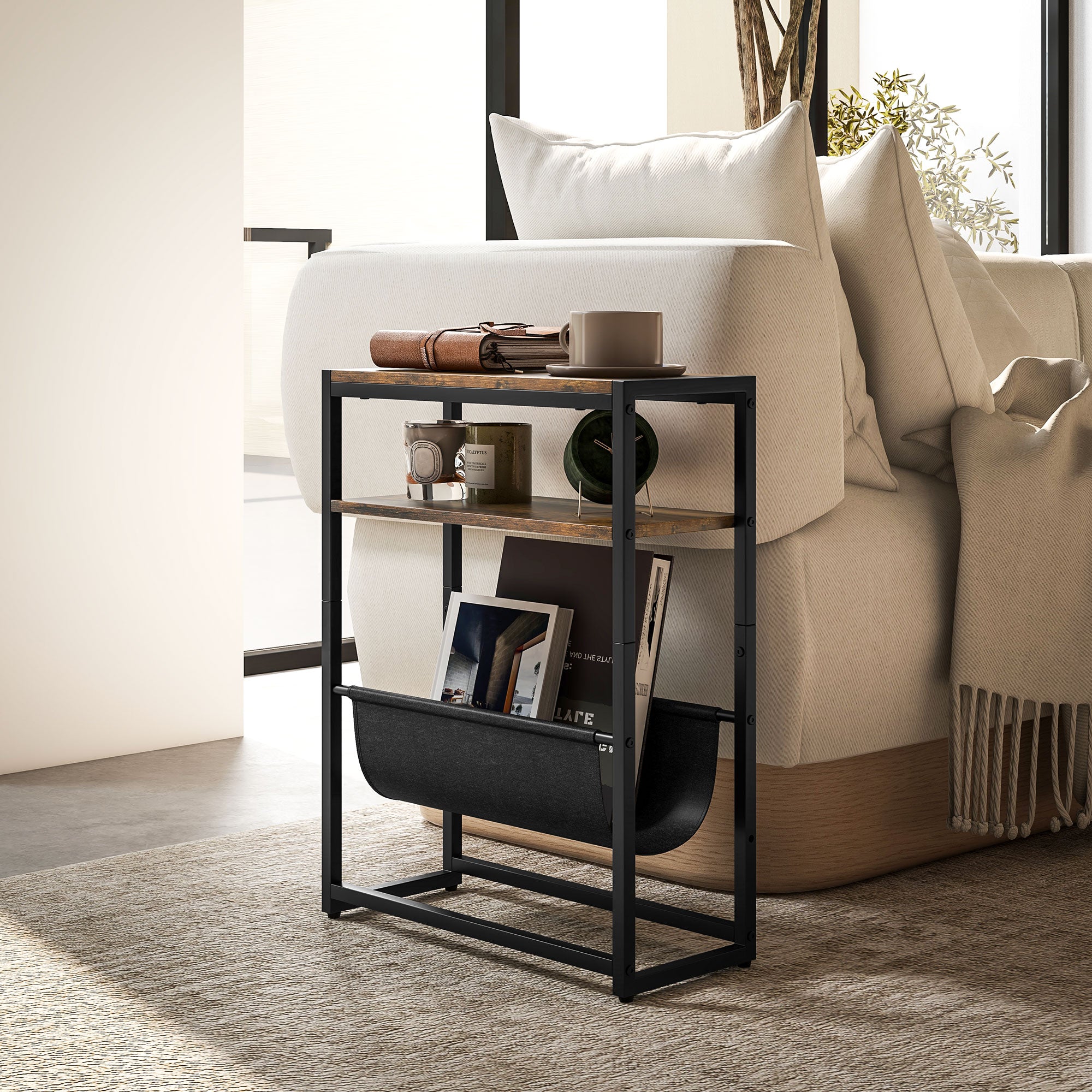 End Table Side Table Entry Table with Shelf and Magazine Rack Industrial Design - 43L x 18W x 56H cm Dark Brown