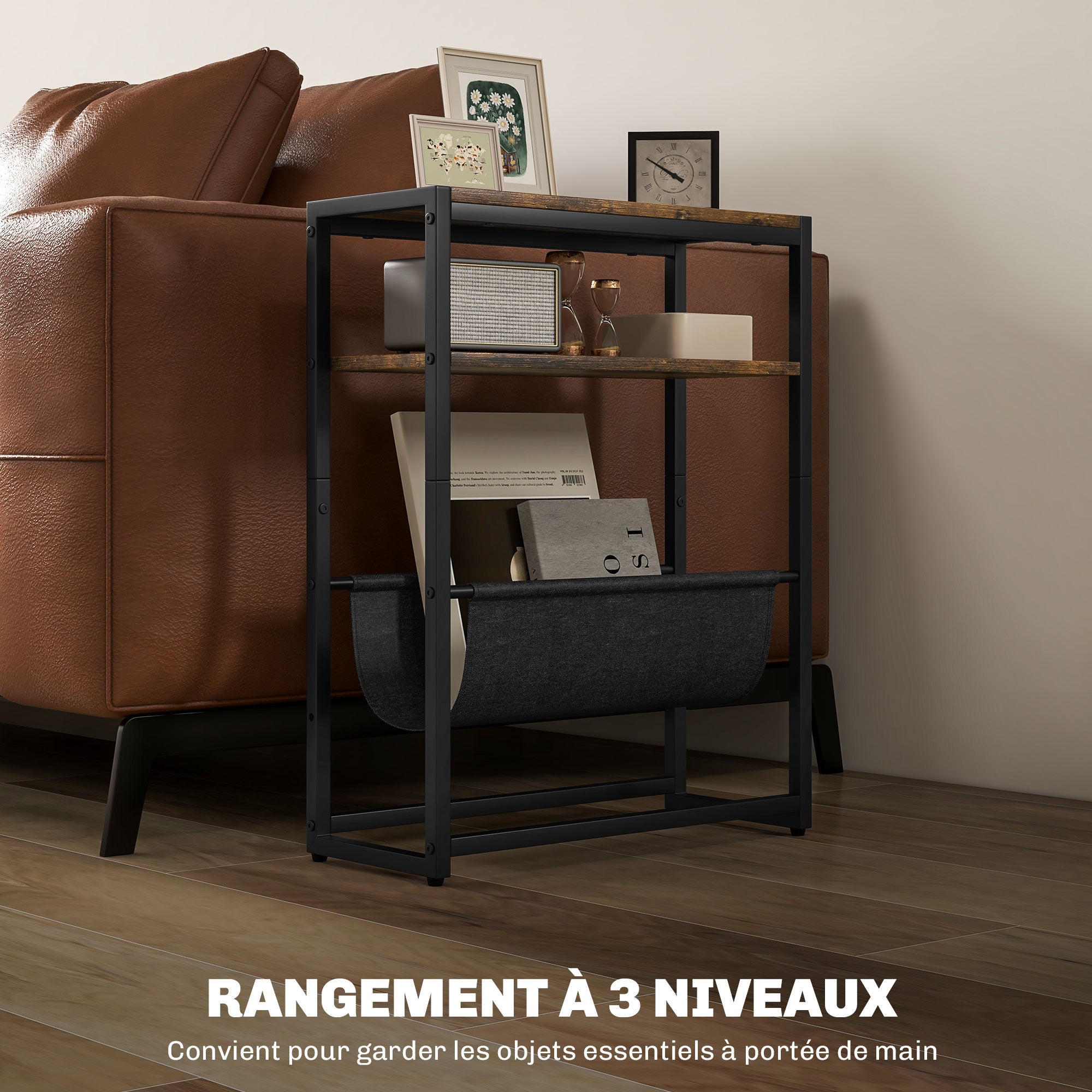 End Table Side Table Entry Table with Shelf and Magazine Rack Industrial Design - 43L x 18W x 56H cm Dark Brown