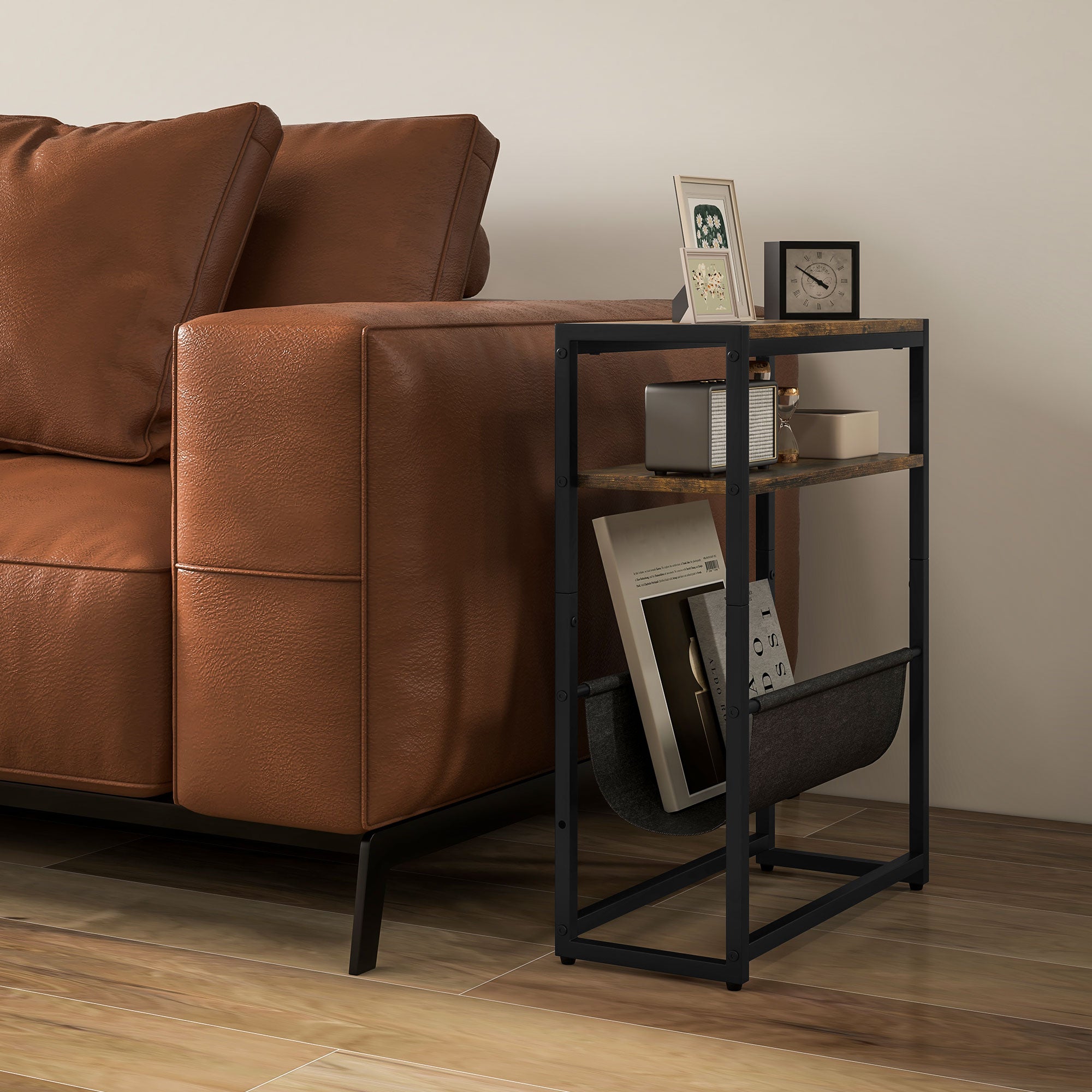 End Table Side Table Entry Table with Shelf and Magazine Rack Industrial Design - 43L x 18W x 56H cm Dark Brown