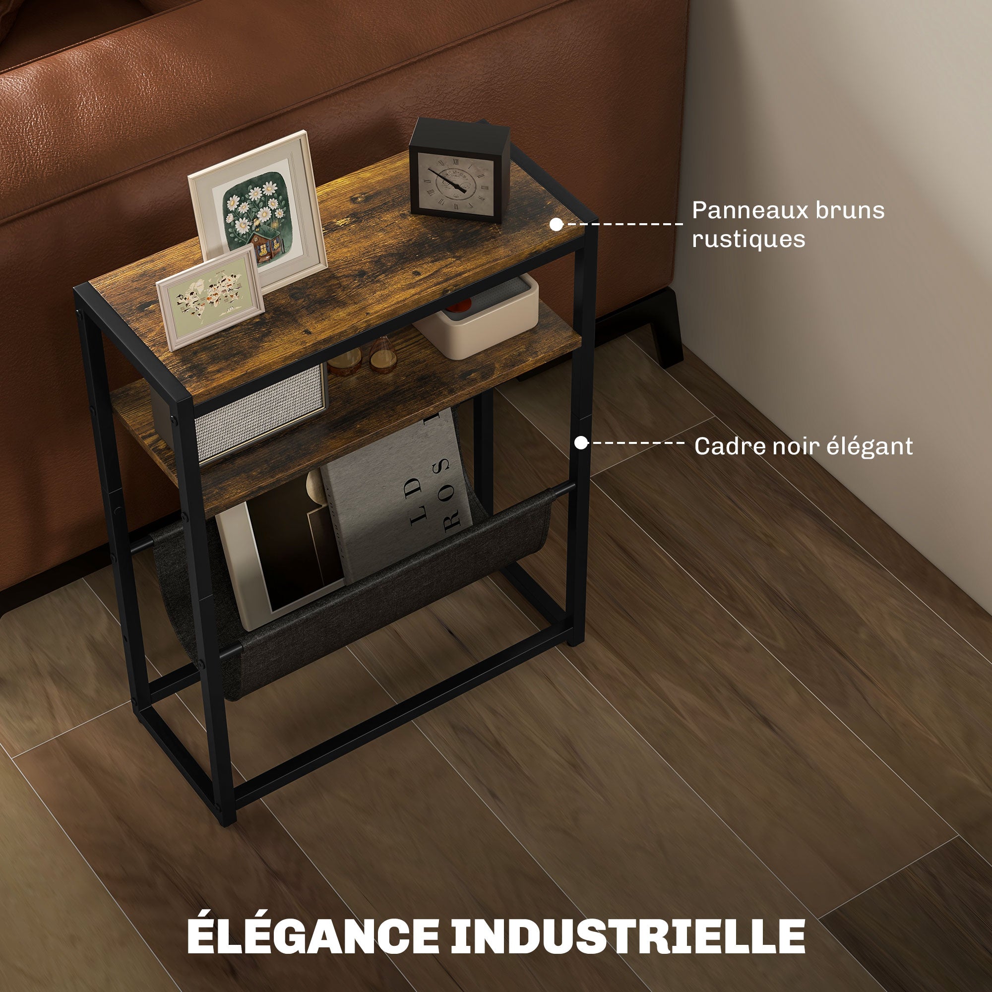 End Table Side Table Entry Table with Shelf and Magazine Rack Industrial Design - 43L x 18W x 56H cm Dark Brown